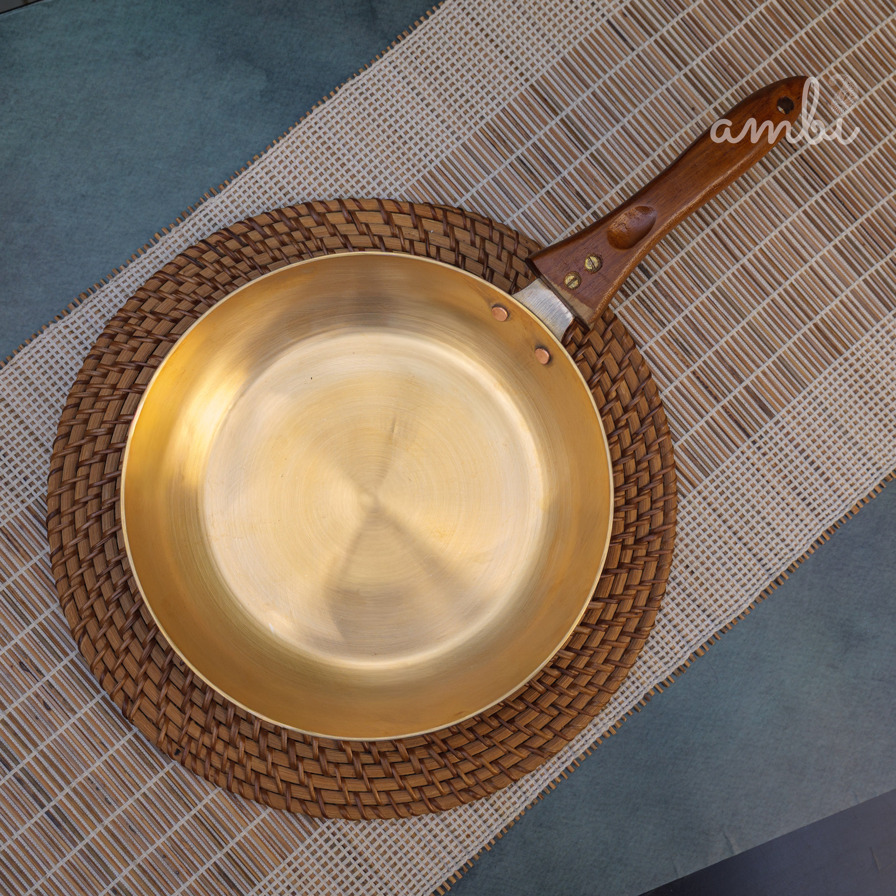Ambi Brass Fry Pan with Wooden handle - 8 Inches Diameter