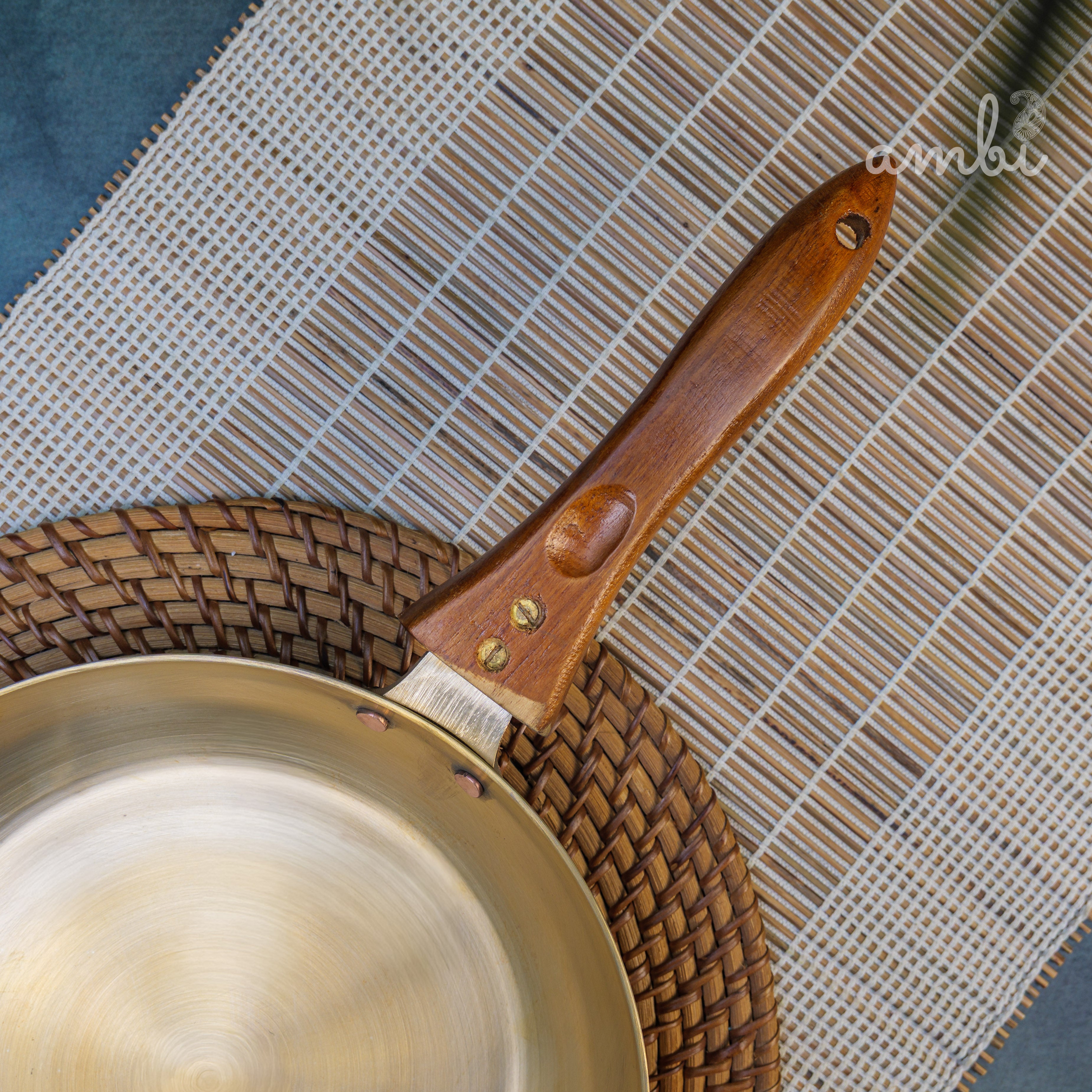 Ambi Brass Fry Pan with Wooden handle - 8 Inches Diameter