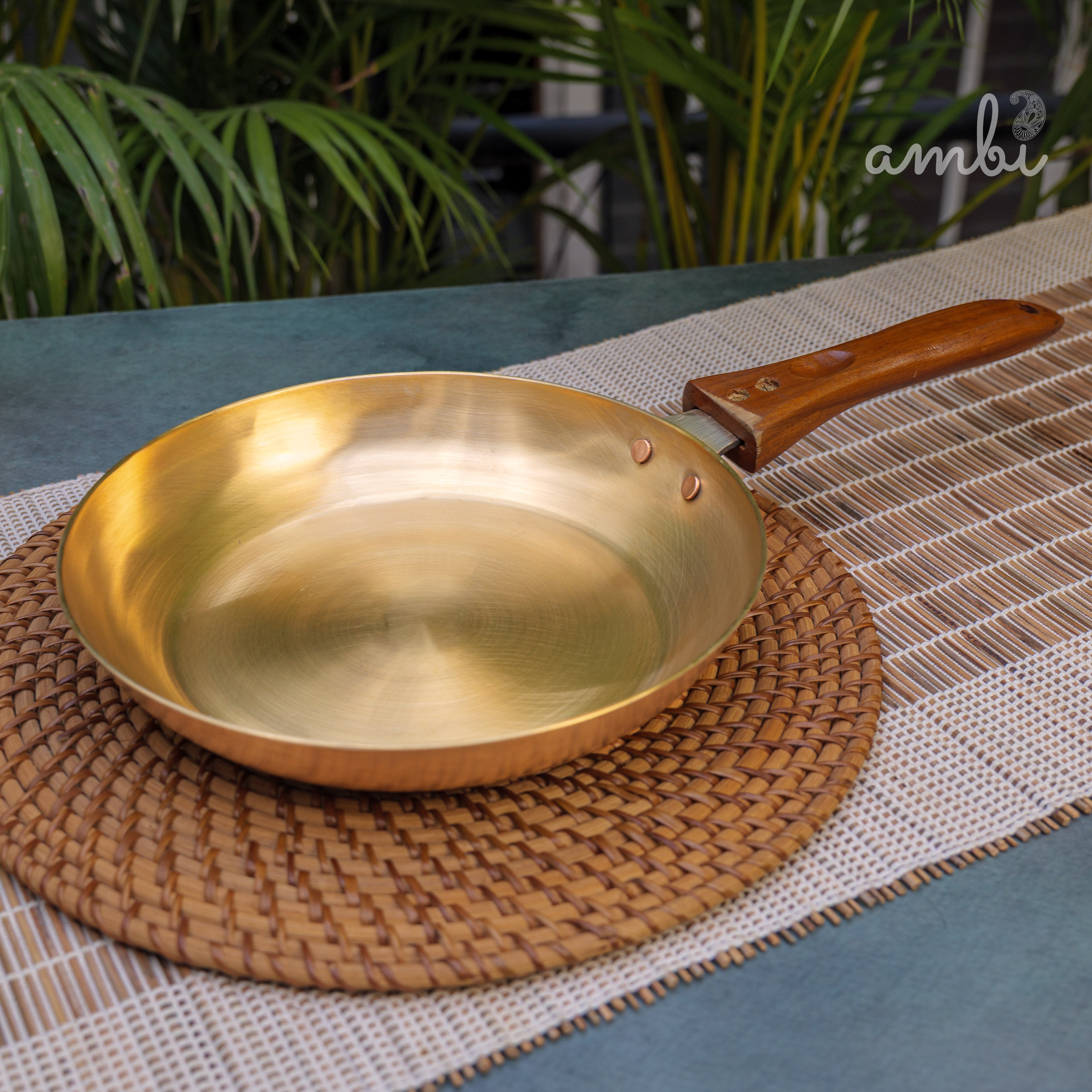 Ambi Brass Fry Pan with Wooden handle - 8 Inches Diameter