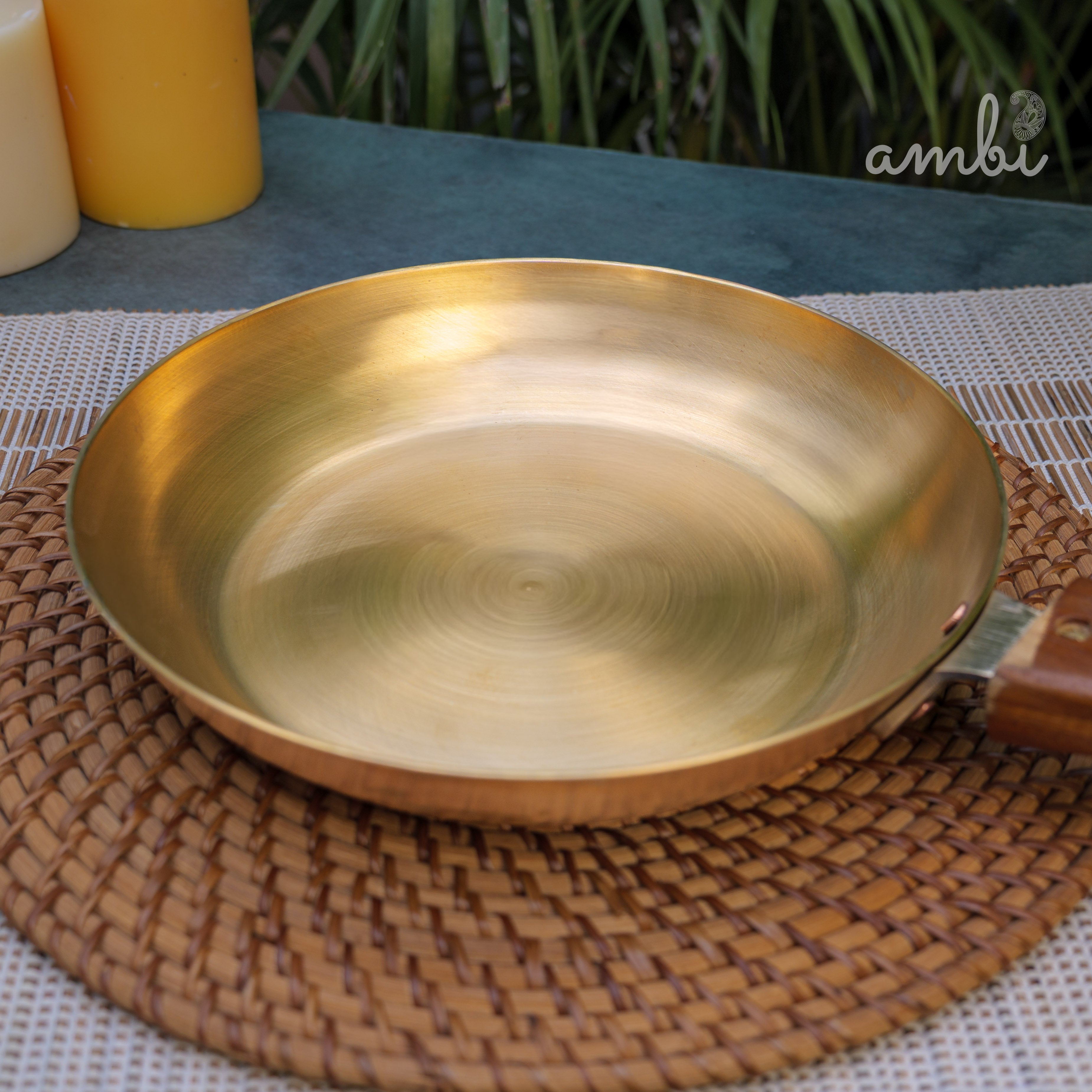 Ambi Brass Fry Pan with Wooden handle - 8 Inches Diameter