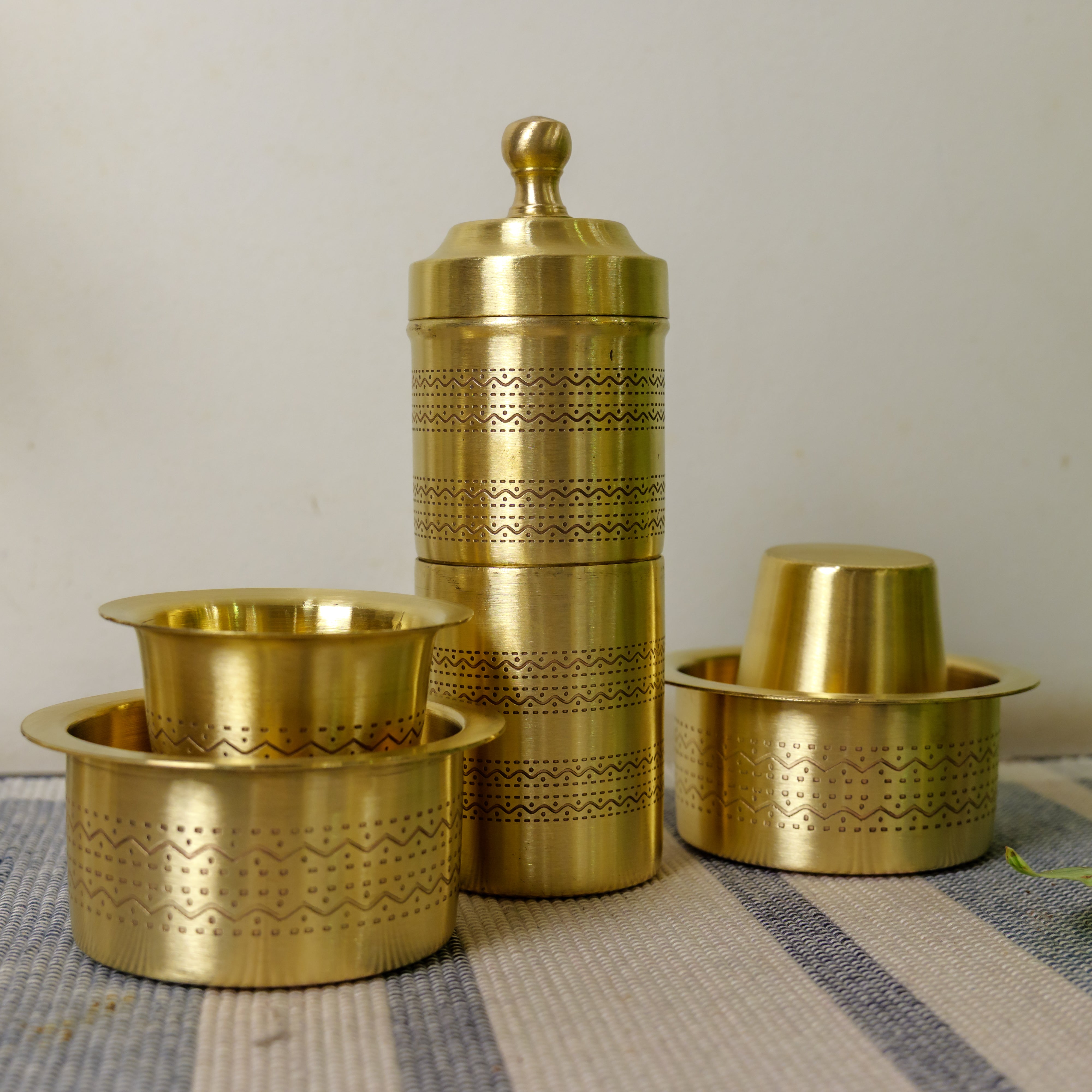 Pure Brass Coffee Filter and 2 Dabara Cup Set - Finely Etched in a Gift Box