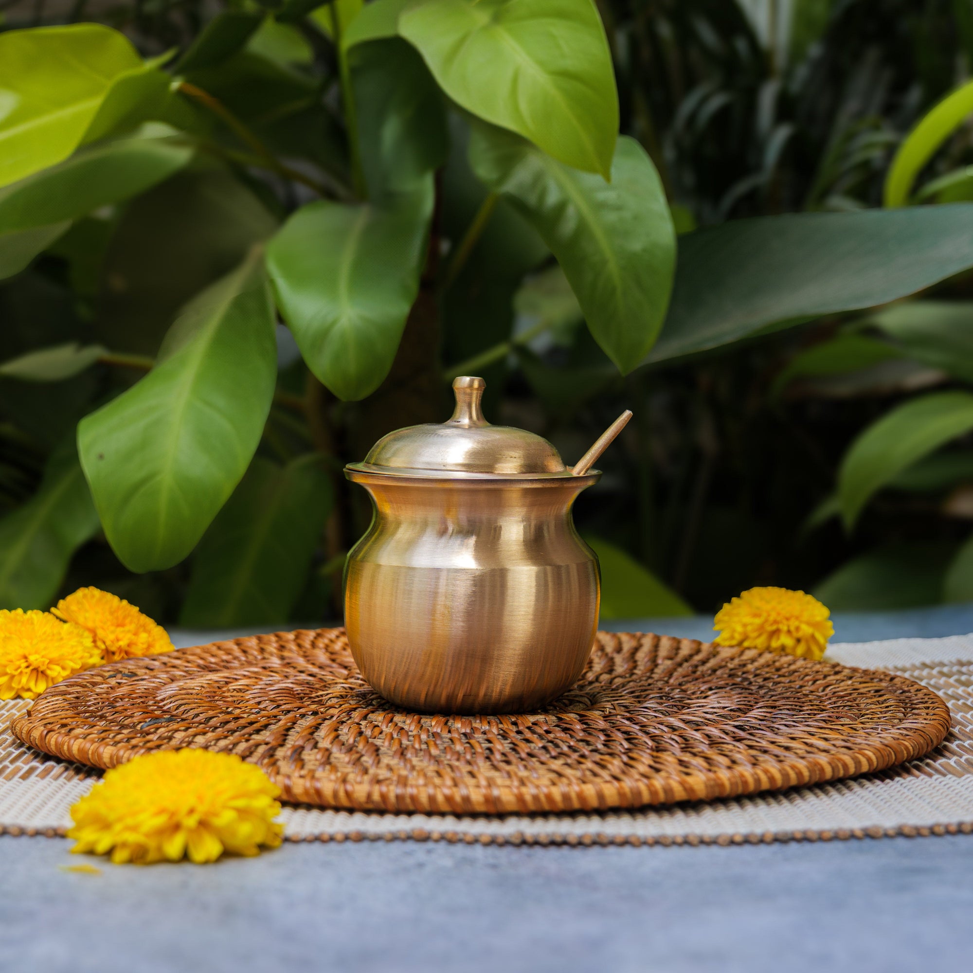 Handmade Artisanal Fine Finish Pure 100% Kansa Heavy Ghee Pot for Health Benefits - Large -  275 ML Pot with Spoon