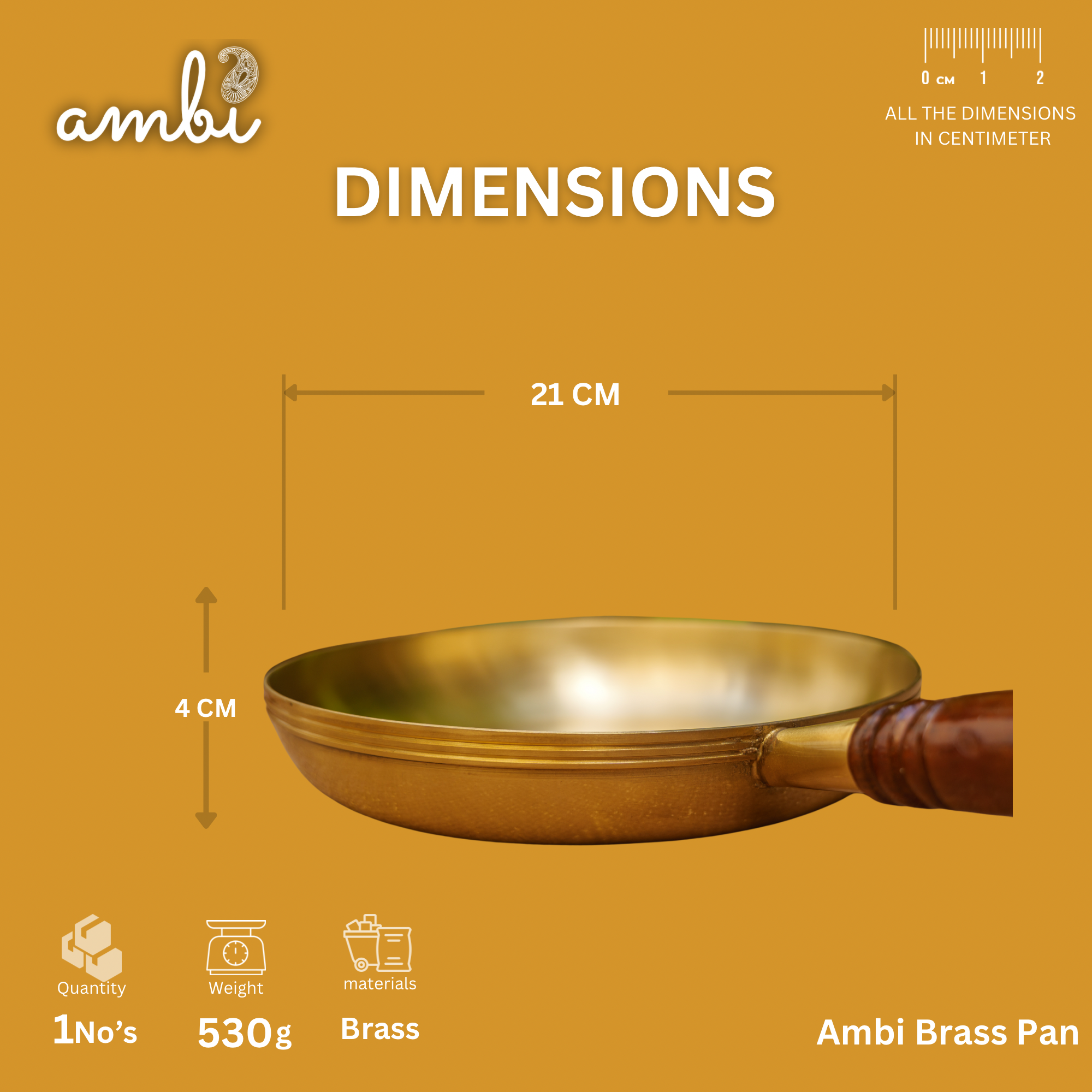 Ambi Exquisite Brass Fry Pan with Wooden handle - 8 Inches Diameter