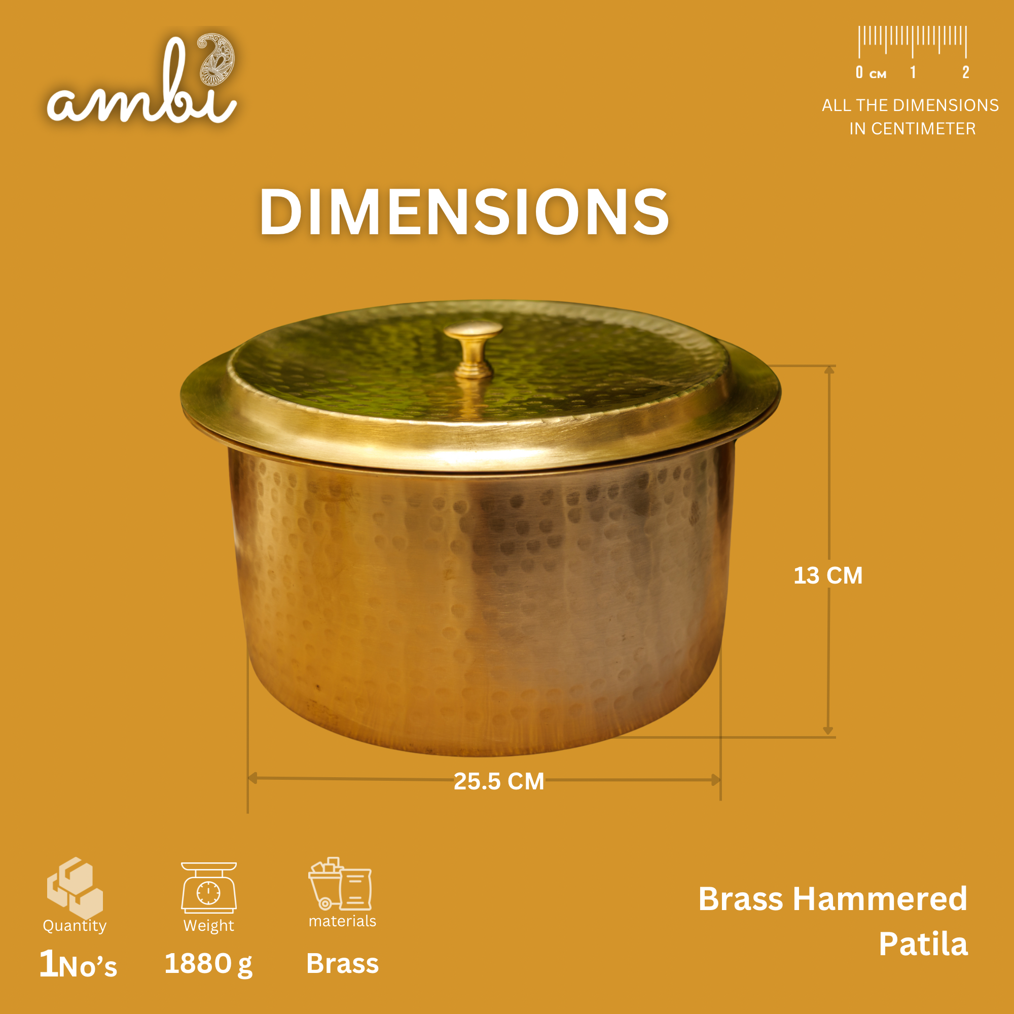 Beautiful Pure Brass Traditional Hammered Patila (with Kalai Tin Coating) and Lid- 5 Lts