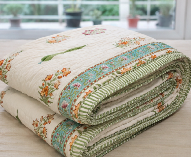 Diwali 2026 Collection - Reversible Green Cypress Heavy Hand Block Printed Jaipuri Rajai /  Quilt- Double - 90X108 Inches