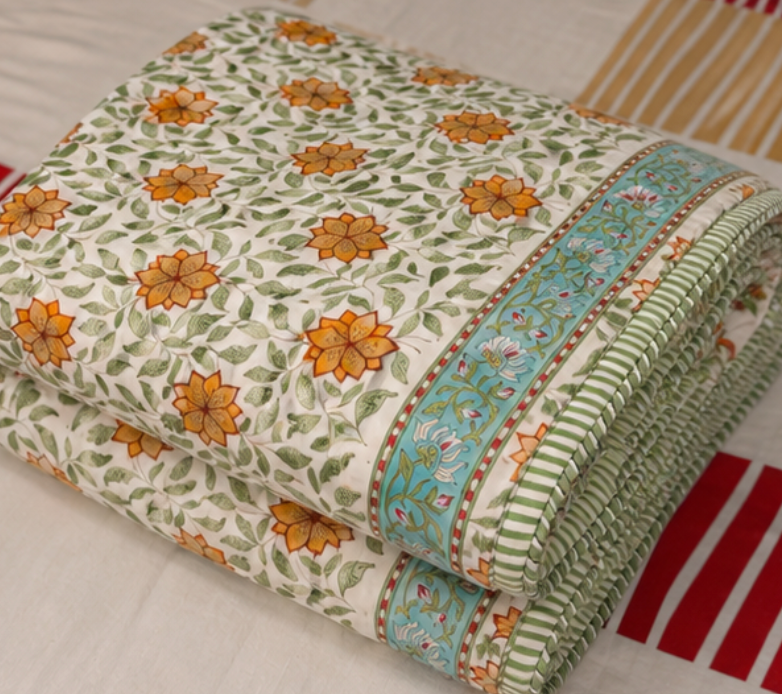 Diwali 2026 Collection - Reversible Green Cypress Heavy Hand Block Printed Jaipuri Rajai /  Quilt- Double - 90X108 Inches
