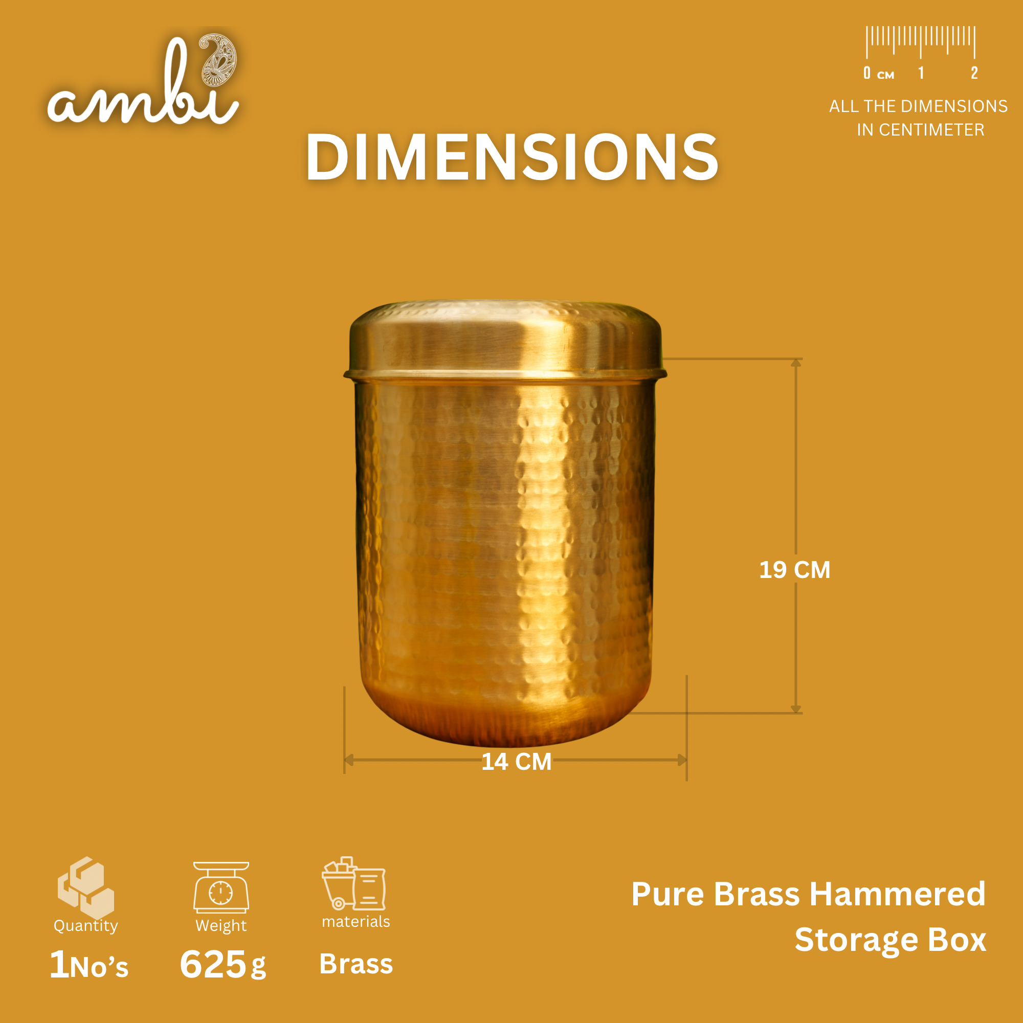 Brass Hammered Kitchen Storage Box for Flour, Spices, Pulses etc - 3 Litres