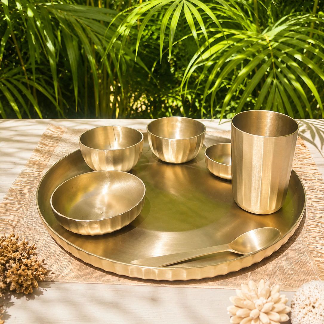 Ambi Exclusive – India's Only Ribbed Edges Kansa Designer Thali Set | 100% Lead-Free | 7 Pieces