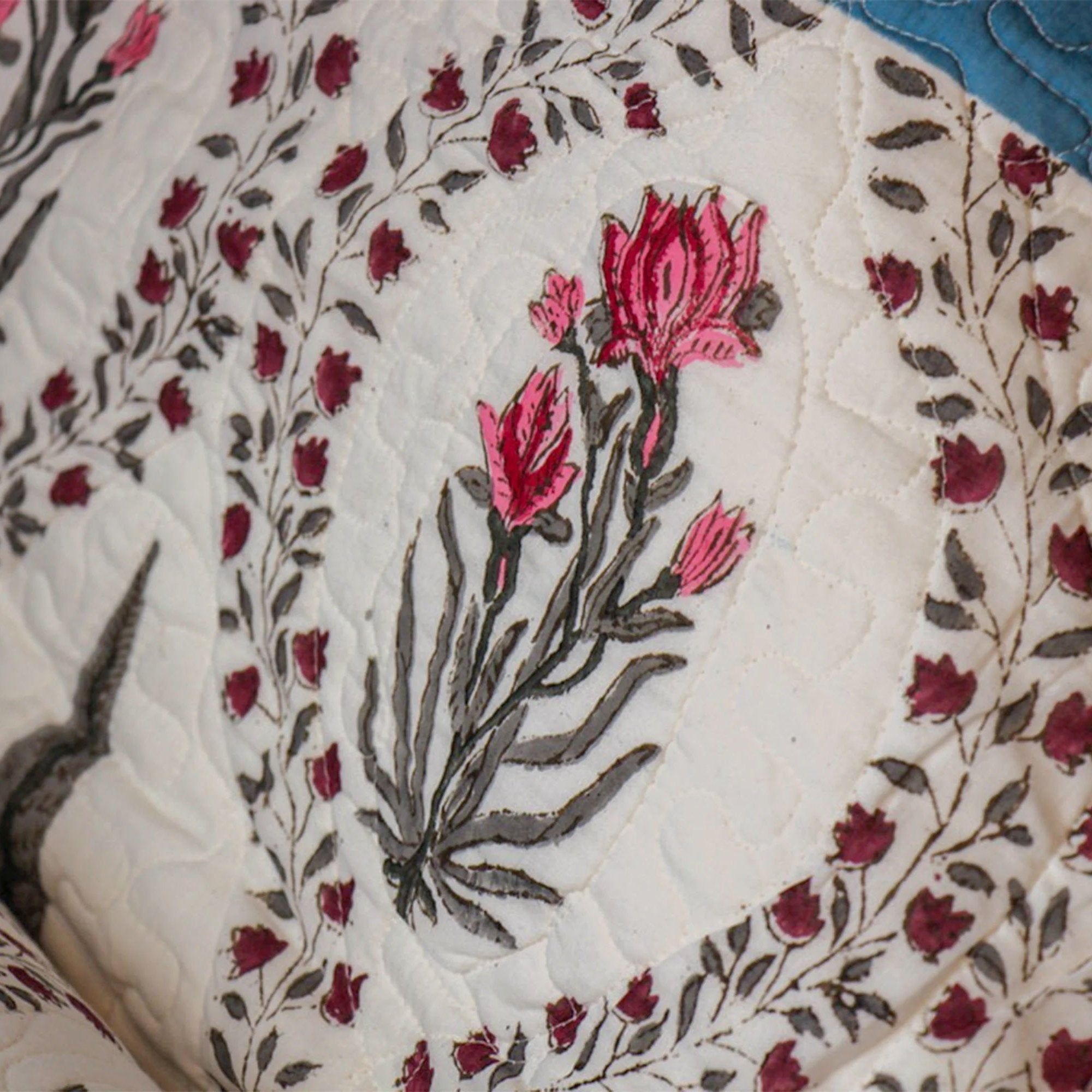 Red Flower Hand Block Printed Jaipuri Quilted Bed Cover with 2 Pillow Covers- Double - 90X108 Inches