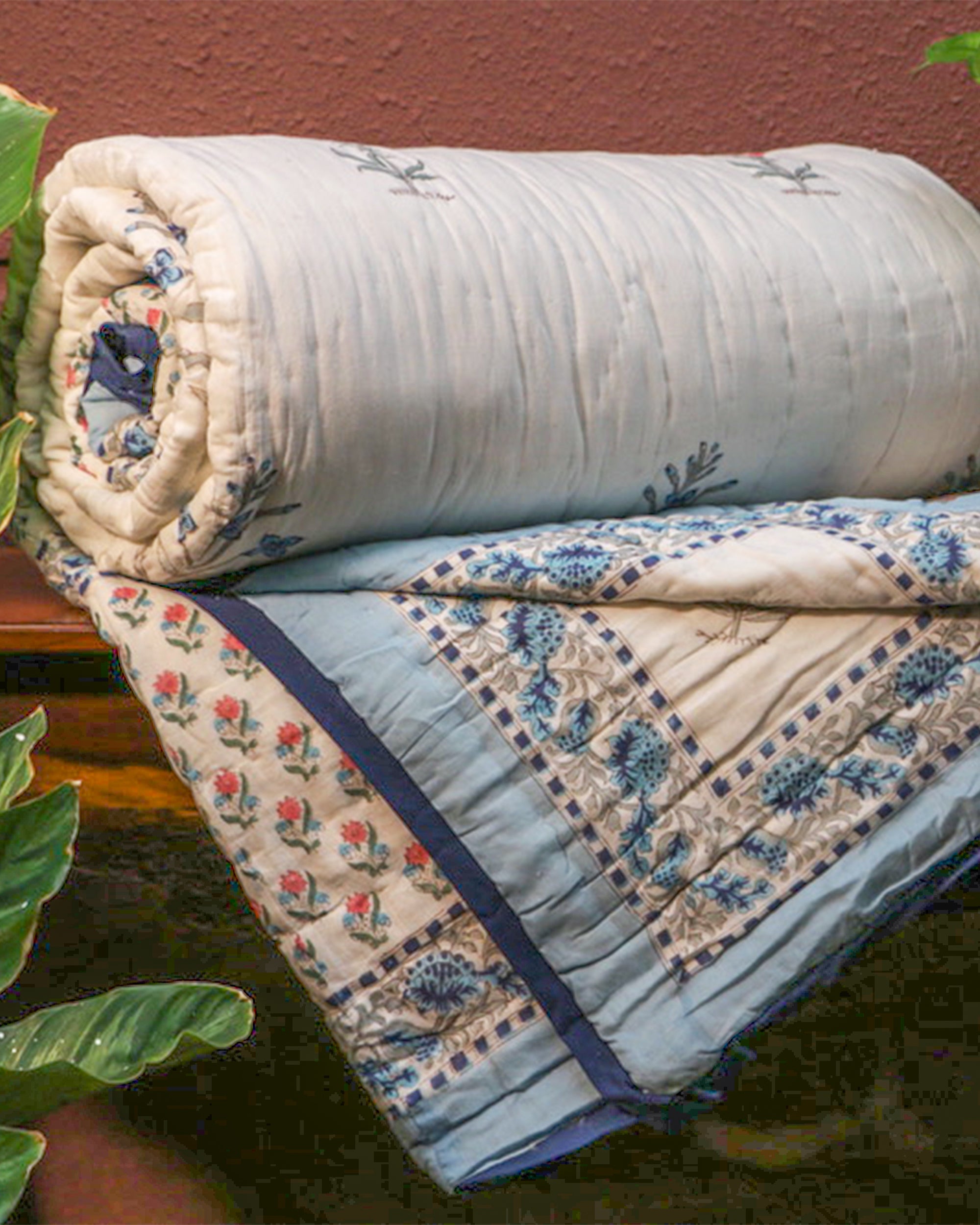 Blue with Red Flowers Hand Block Printed Jaipuri Quilt- Double - 90X108 Inches