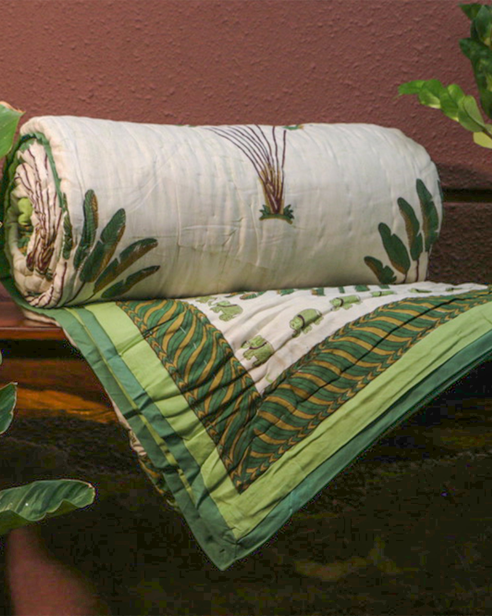 Green Palm Hand Block Printed Jaipuri Quilt- Double - 90X108 Inches