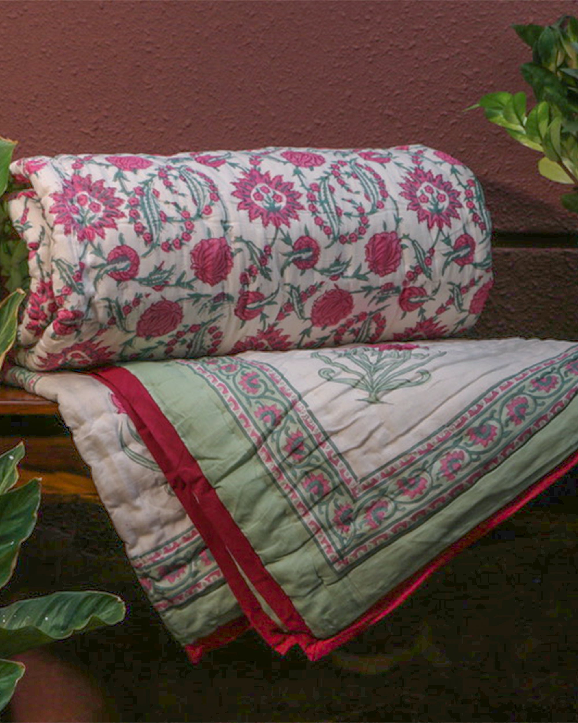 Pink & Green Hand Block Printed Jaipuri Quilt- Double - 90X108 Inches