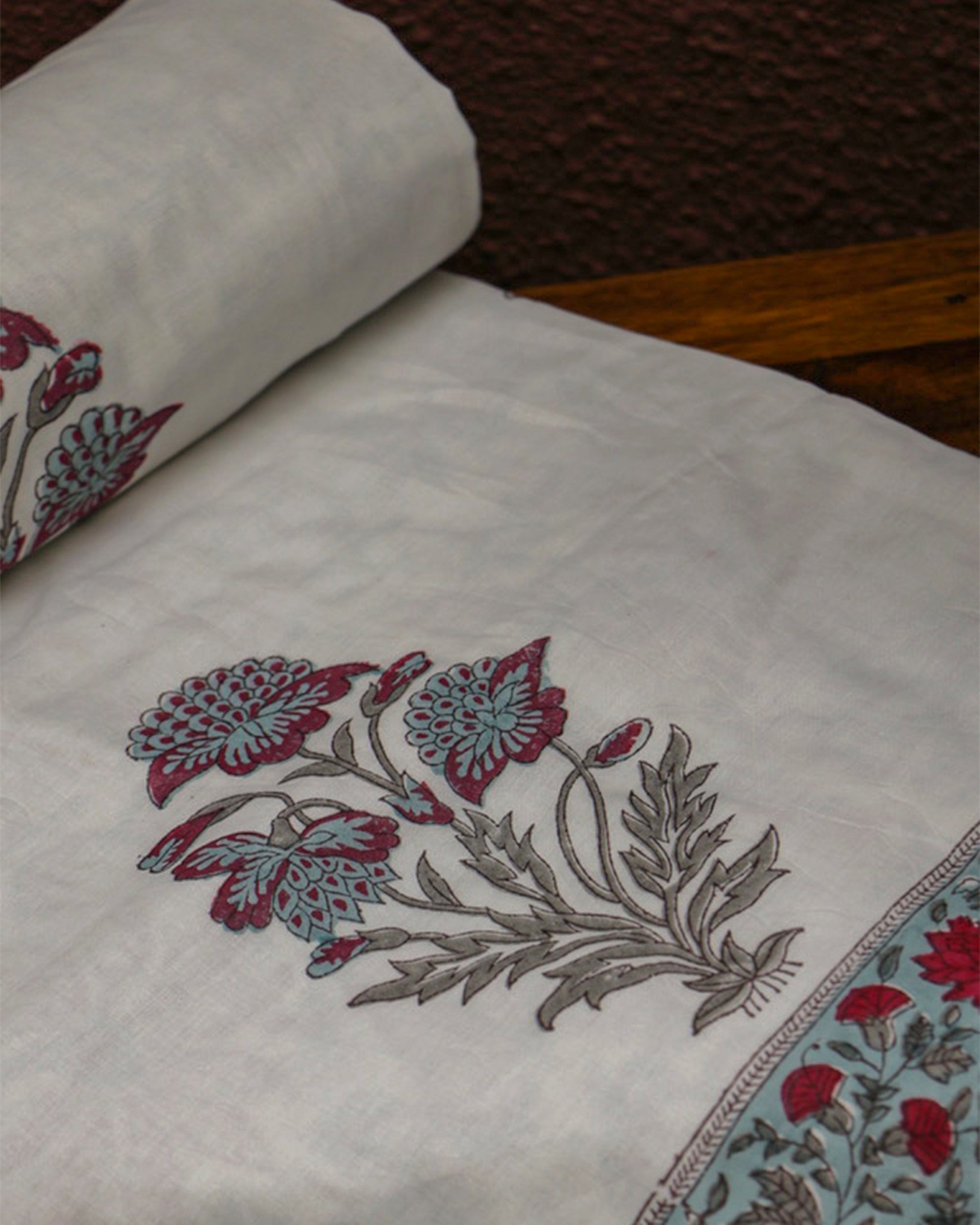 White Blue Jaipuri Floral Mulmul Triple Layer Reversible Dohar (Single Bed, Pair of 2) - 60X90 Inches