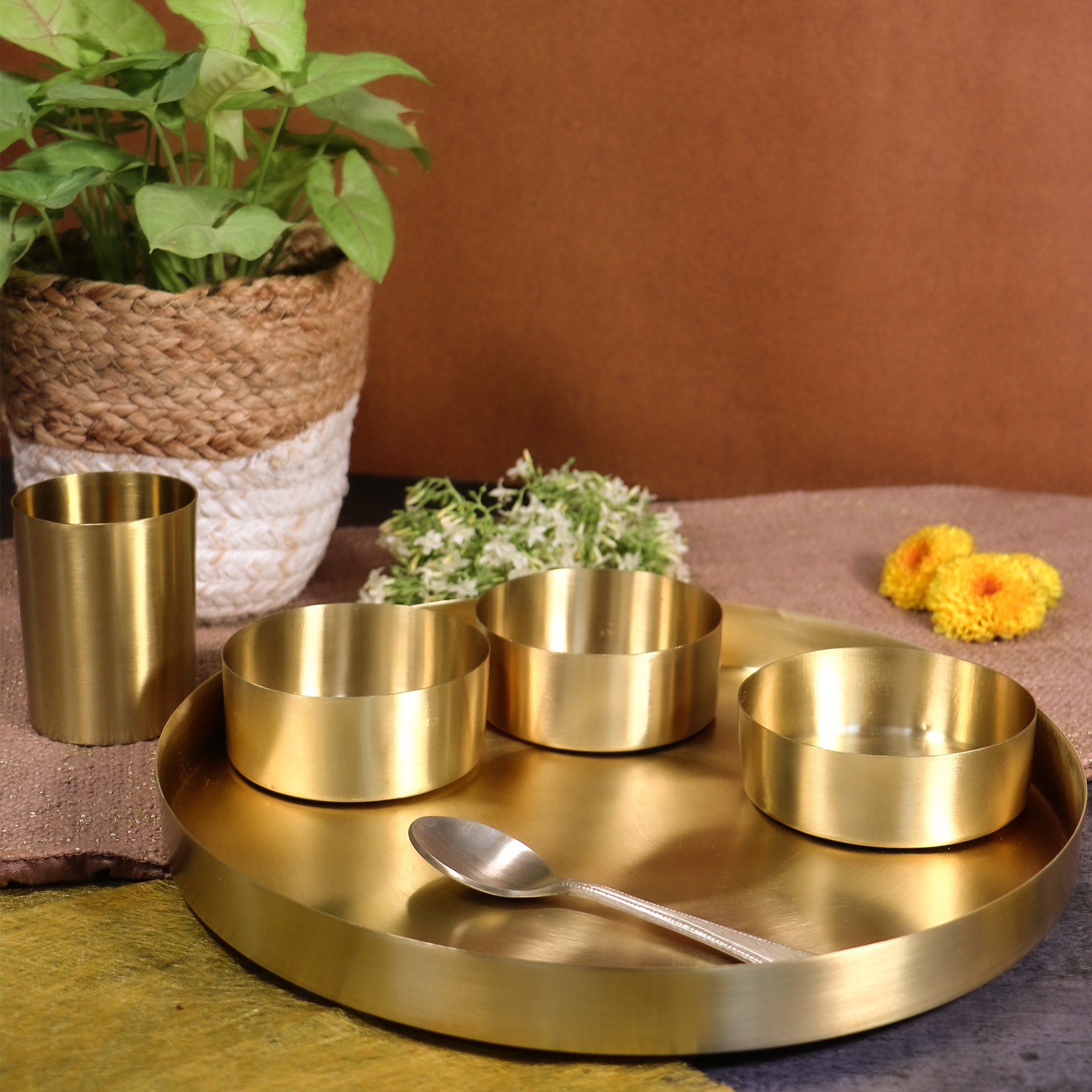 Brass Super Value Thali Set - Set of 6 pieces - Matt Finish