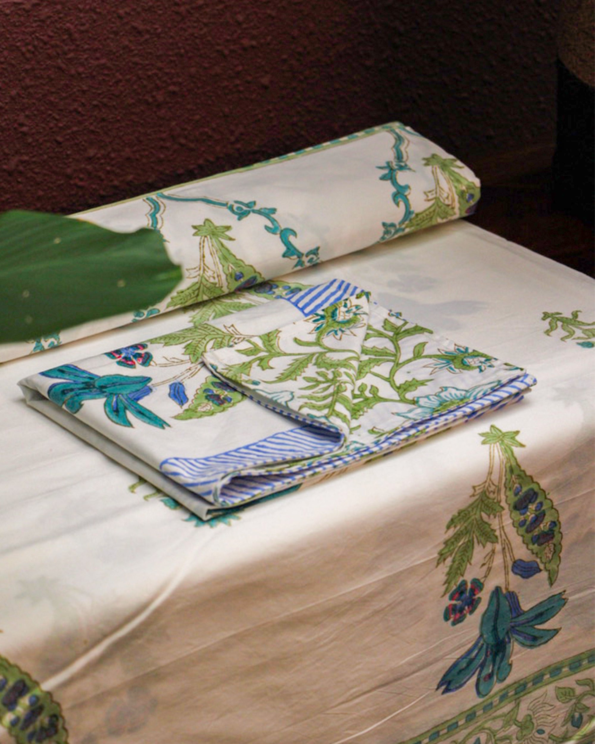 Blue Blossom Jaipuri Hand Block Pure Cotton Parkhel Print Double Bedsheet with 2 Pillow Covers - 90X108 Inches