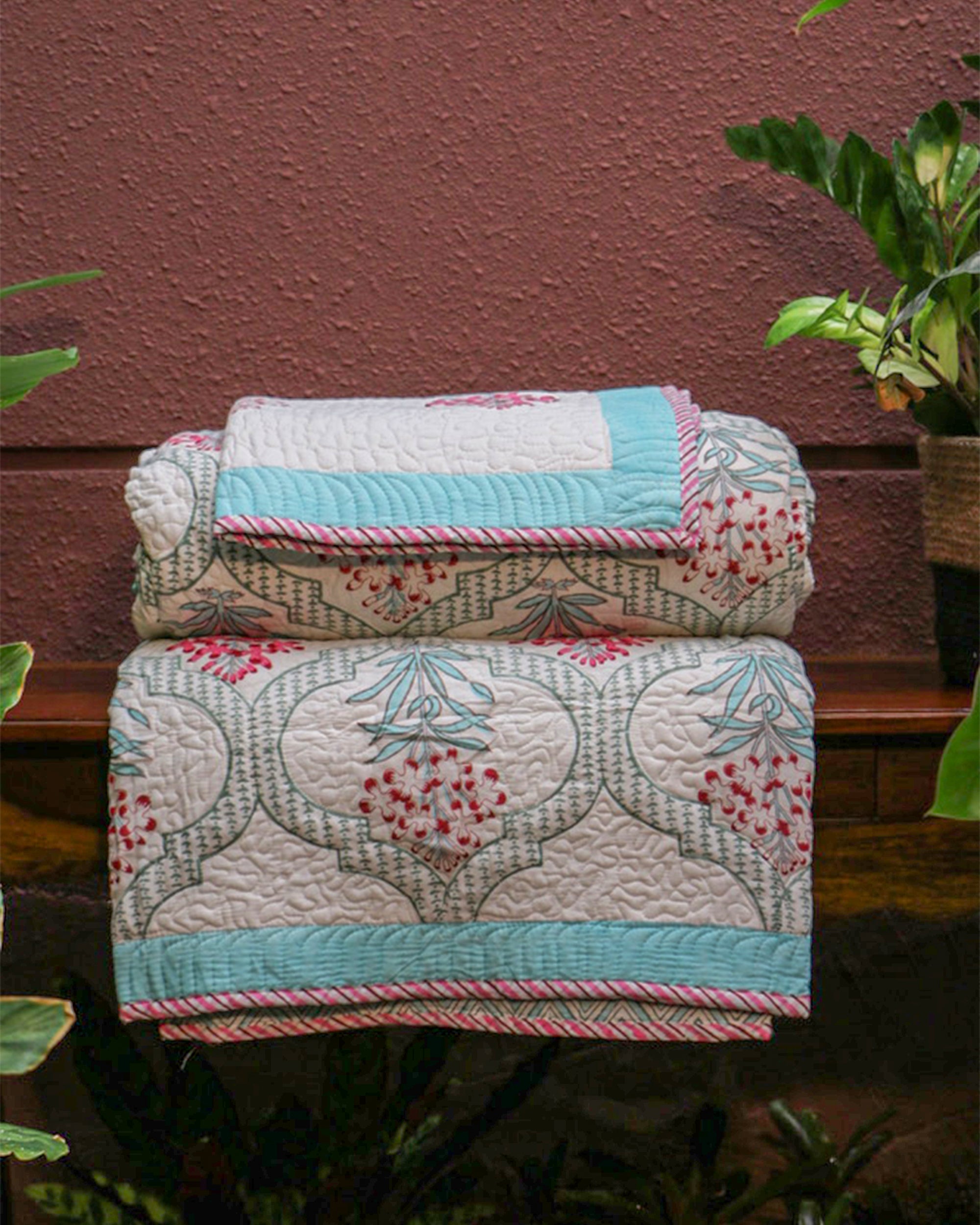 Turquoise Hand Block Printed Jaipuri Quilted Bed Cover with 2 Pillow Covers- Double - 108X108 Inches