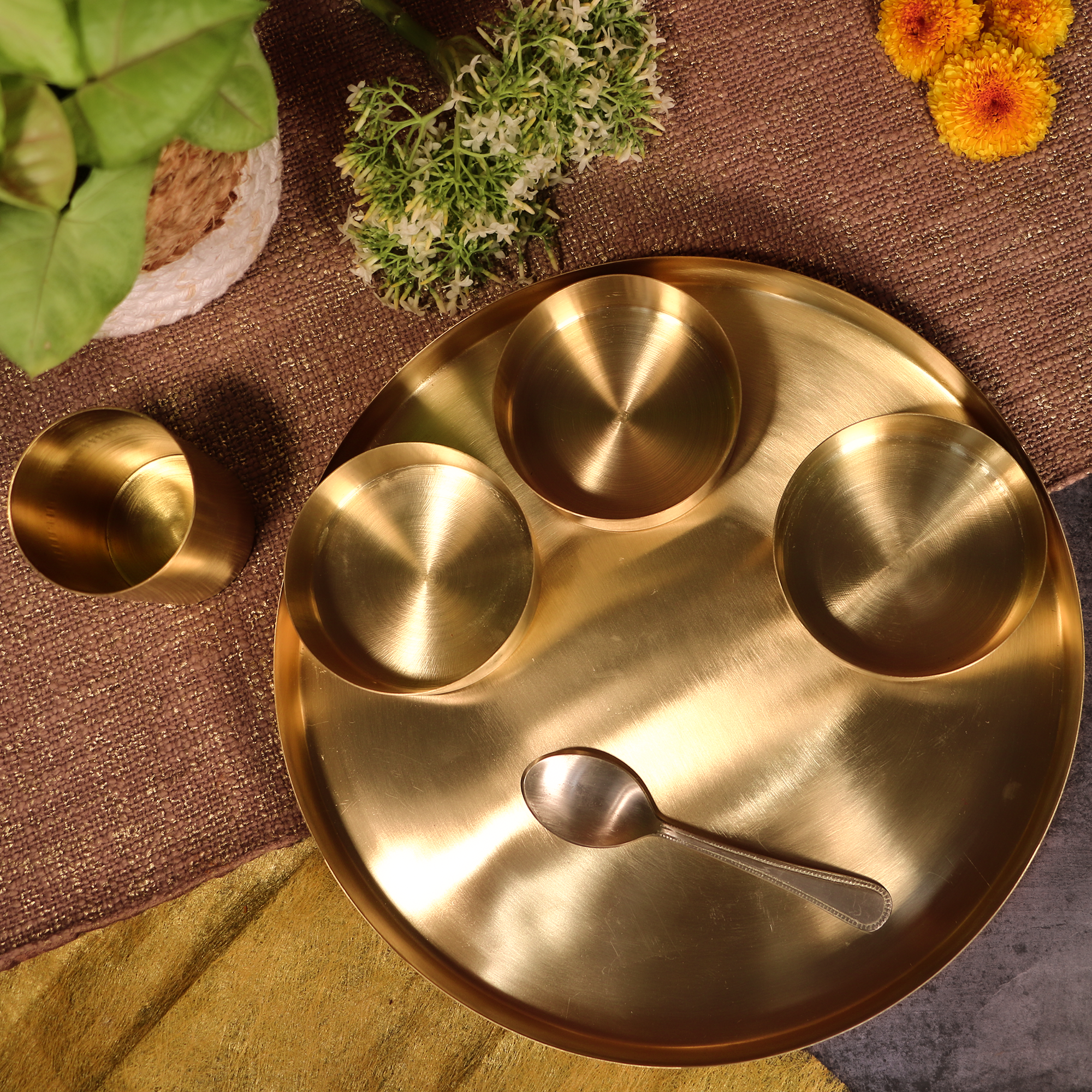 Brass Super Value Thali Set - Set of 6 pieces - Matt Finish