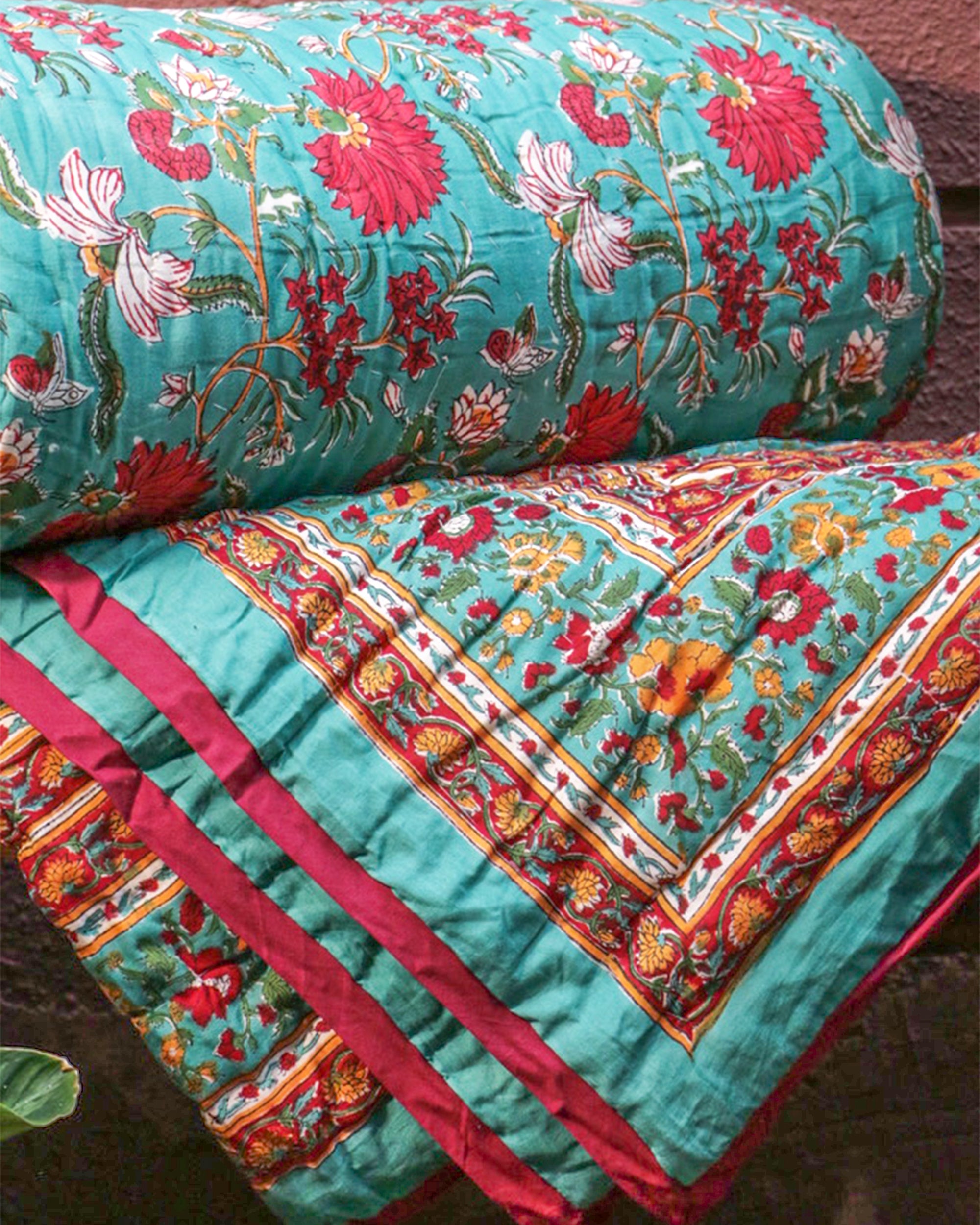 Green & Red Hand Block Printed Jaipuri Quilt- Double - 90X108 Inches