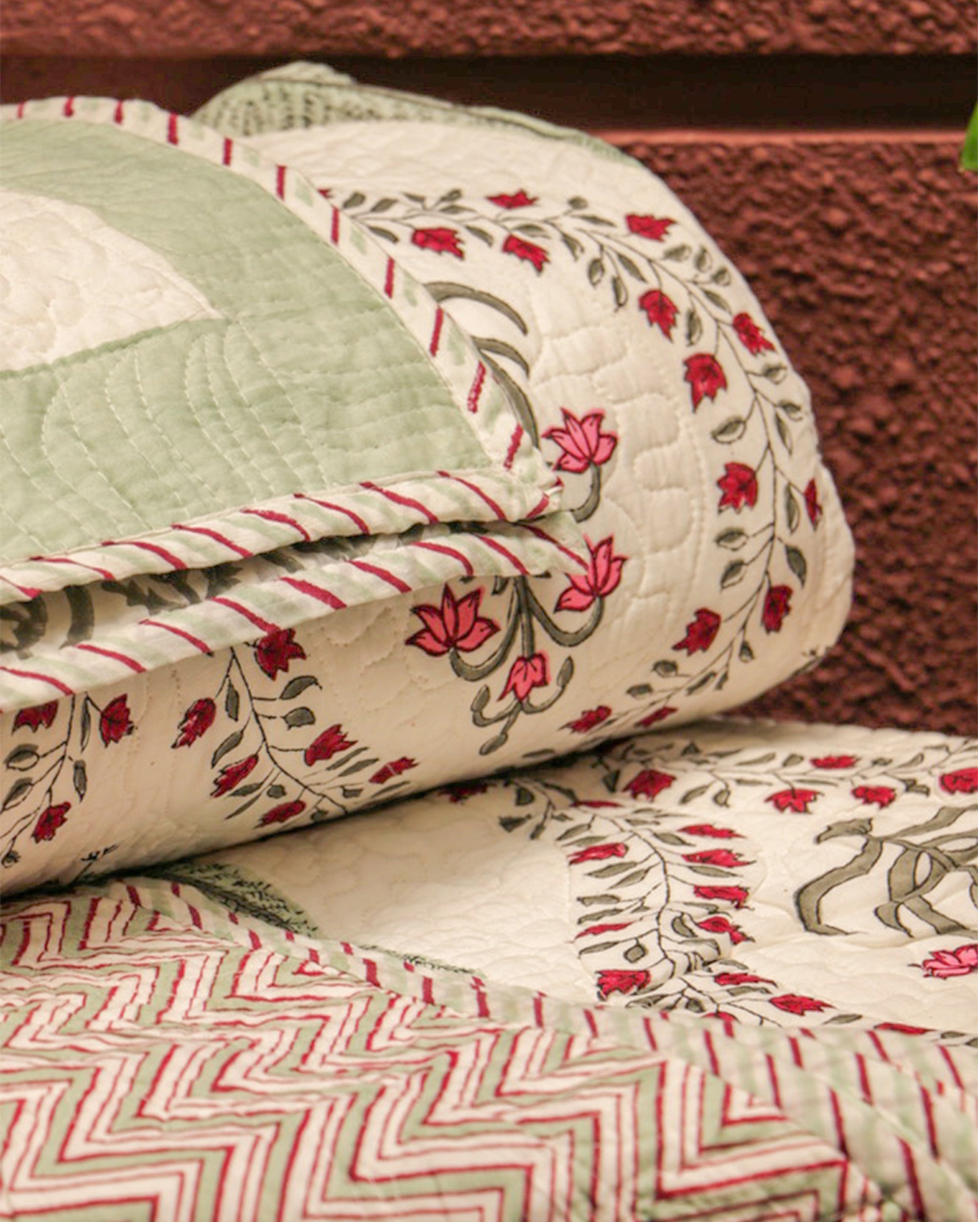 Red Flower Cypress Leaf Hand Block Printed Jaipuri Quilted Bed Cover with 2 Pillow Covers- Double - 108X108 Inches