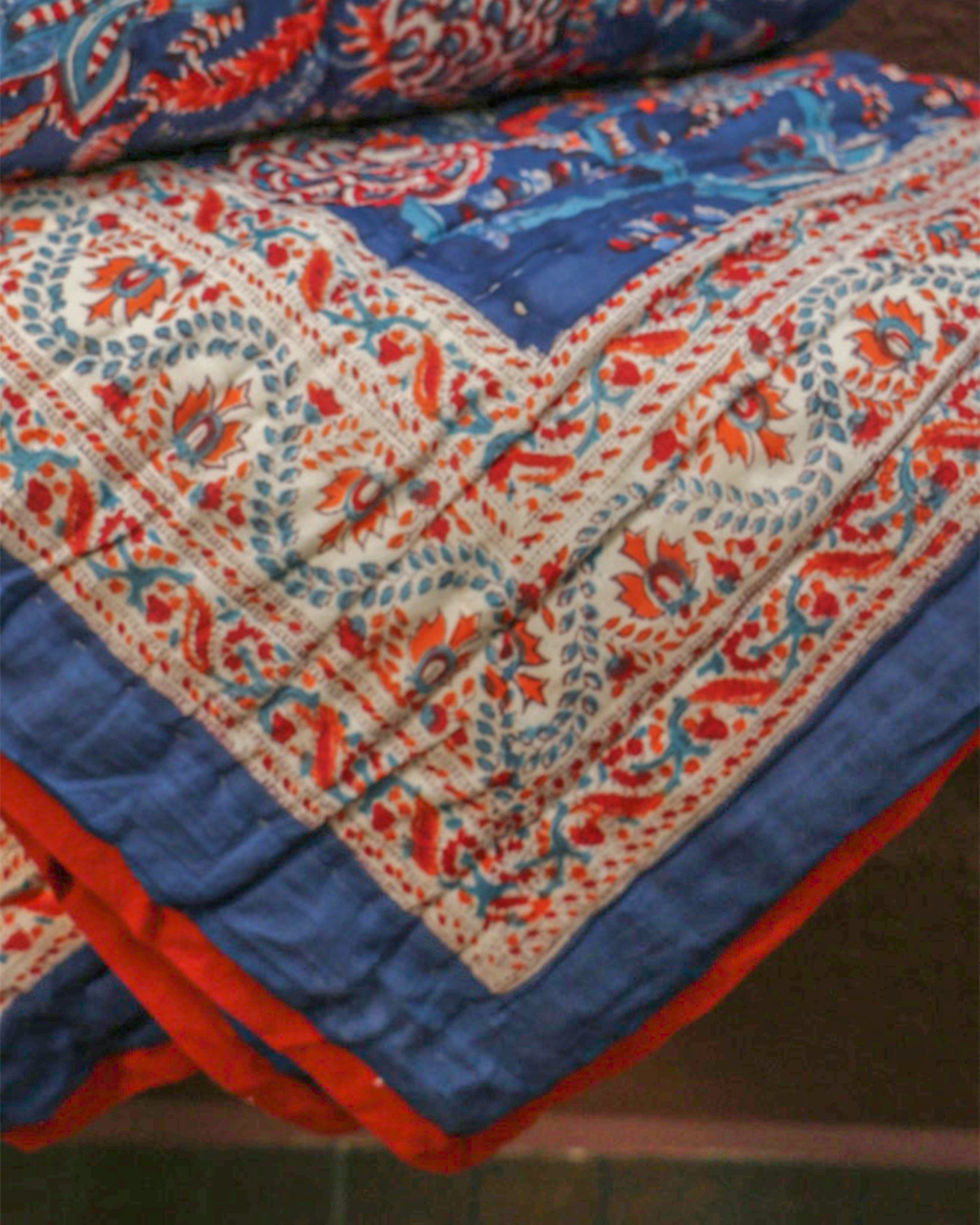 Dark Blue and Red Hand Block Printed Jaipuri Quilt- Double - 90X108 Inches