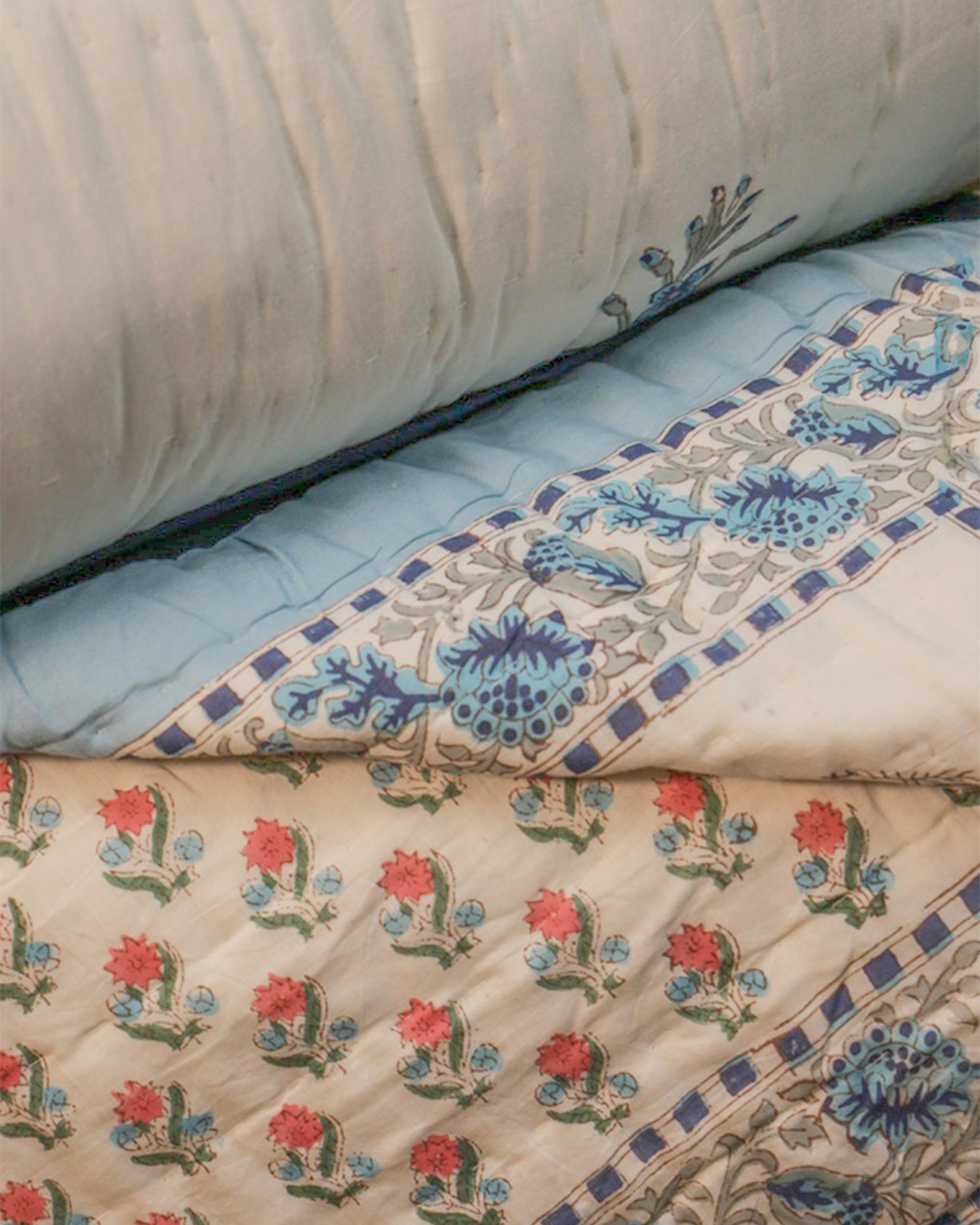 Blue with Red Flowers Hand Block Printed Jaipuri Quilt- Double - 90X108 Inches