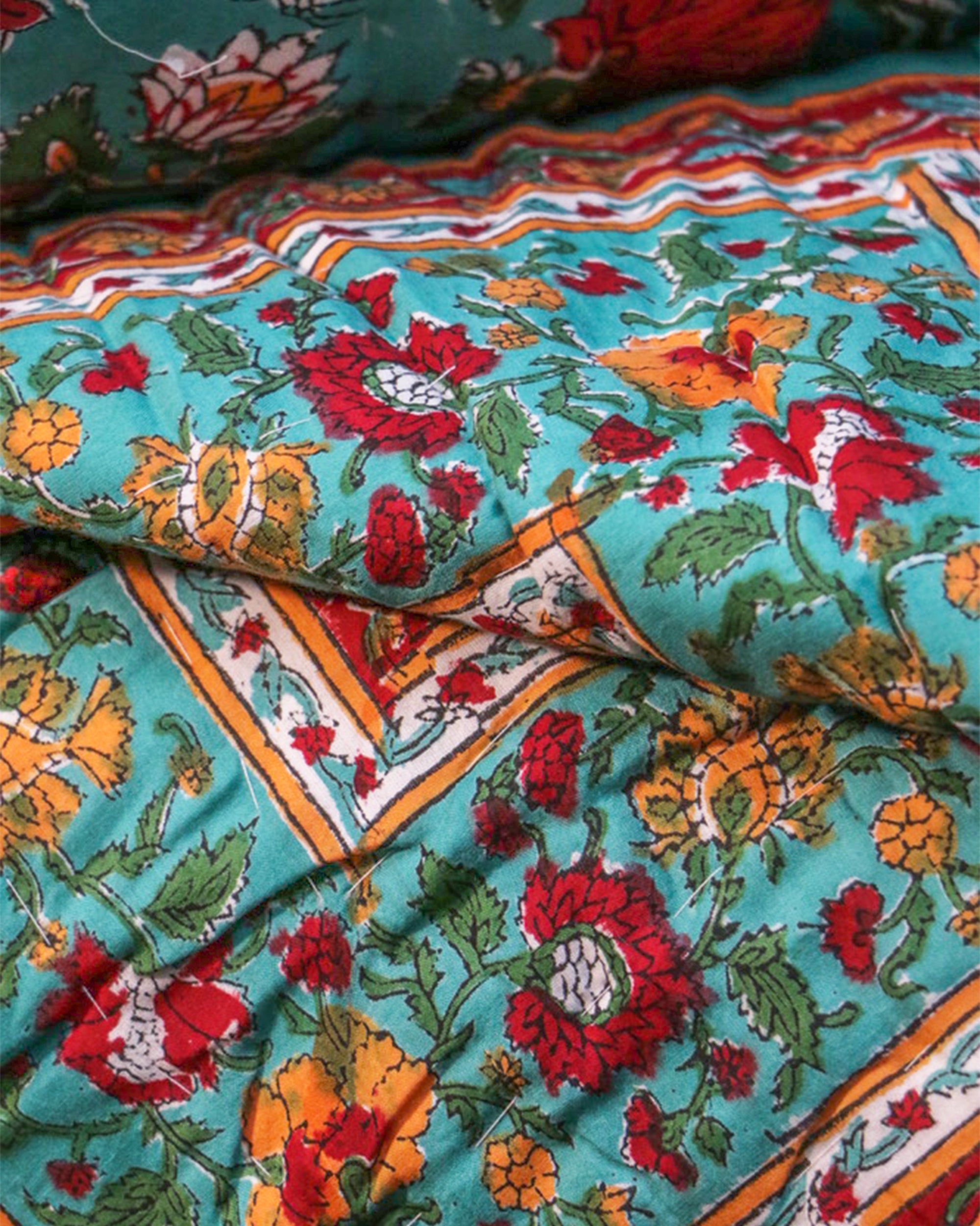 Green & Red Hand Block Printed Jaipuri Quilt- Double - 90X108 Inches