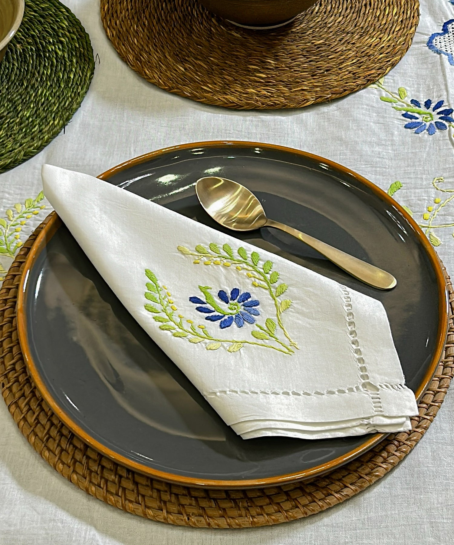 Hand Embroidered Linen Napkins Green Floral - Set of 6