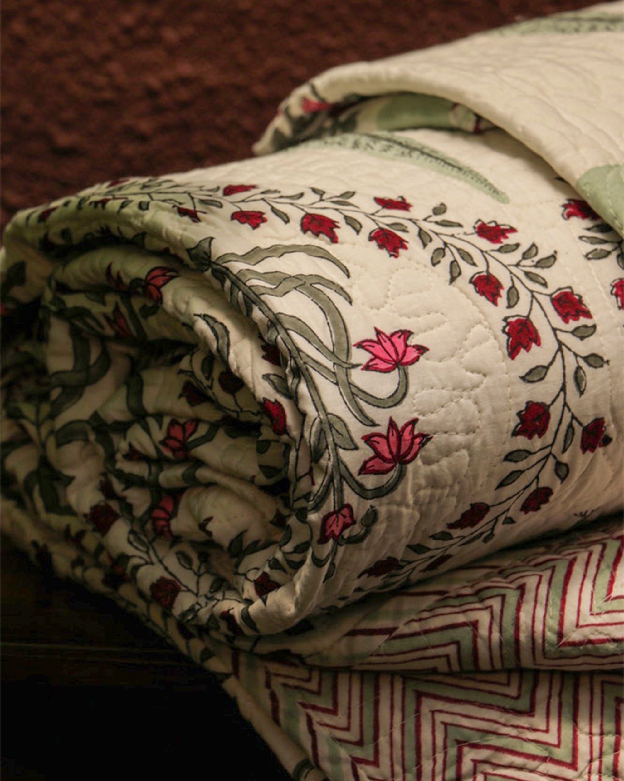 Red Flower Cypress Leaf Hand Block Printed Jaipuri Quilted Bed Cover with 2 Pillow Covers- Double - 108X108 Inches