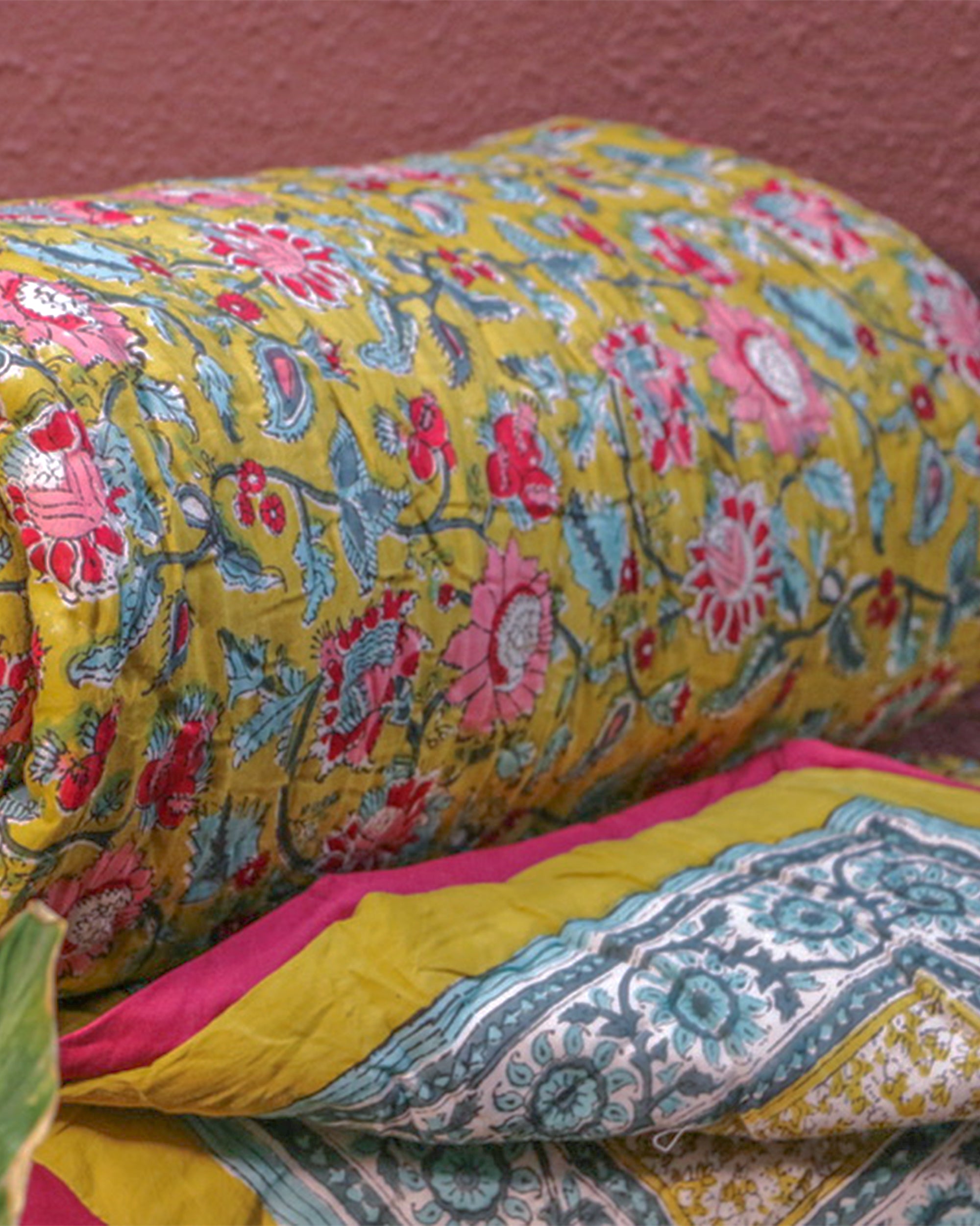 Yellow and Pink Hand Block Printed Jaipuri Quilt- Double - 90X108 Inches