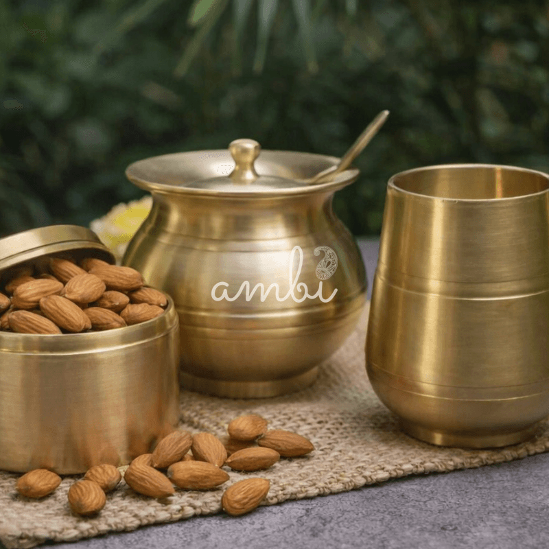Kansa Wellness Starter Bundle - Almond Box, Damru Glass & Ghee Pot