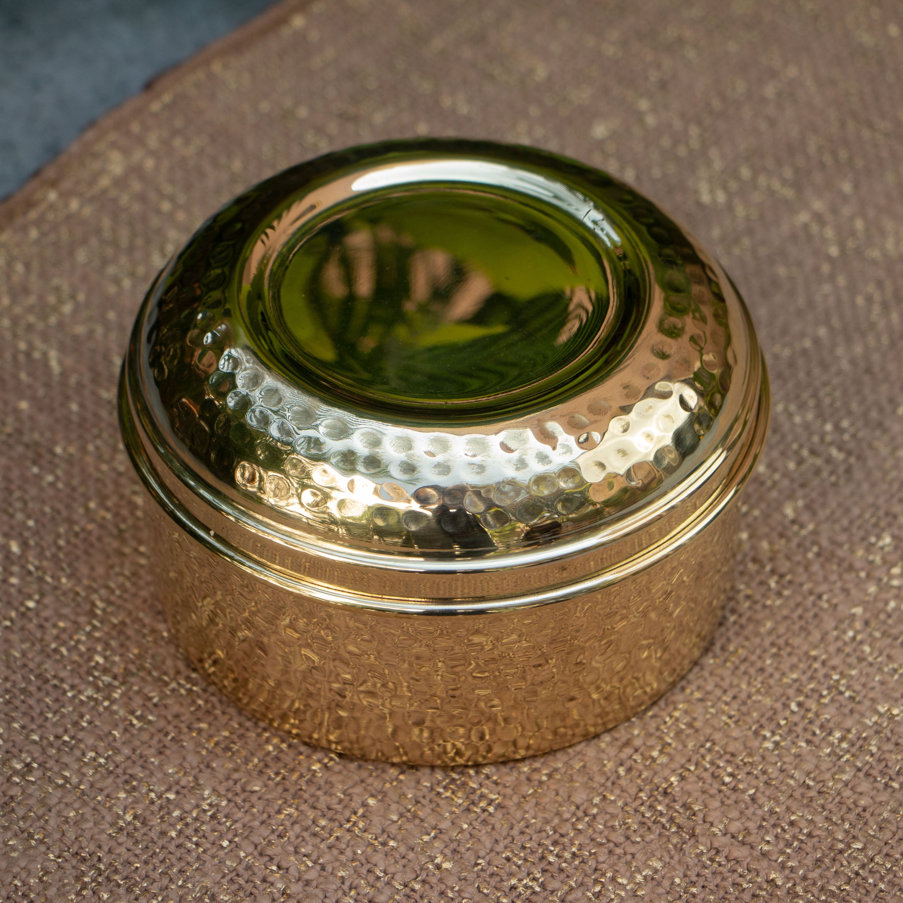 Ambi Pure Brass Elegant Hammered Round Storage / Tiffin Box - 5 Inch Diameter - Hammered Finish