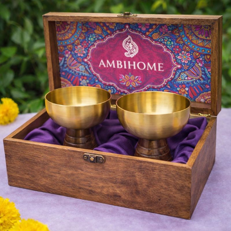 Hemispherical Brass Dessert Bowl on Modern Wooden Pedestal Gift Box
