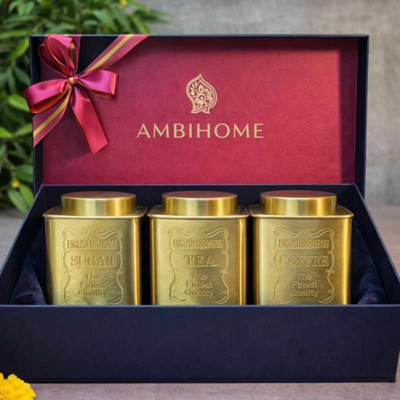 AMBI Tea, Sugar & Coffee Jars - Pure Brass Elegant Etched - Storage container- Set of 3 Gift Box