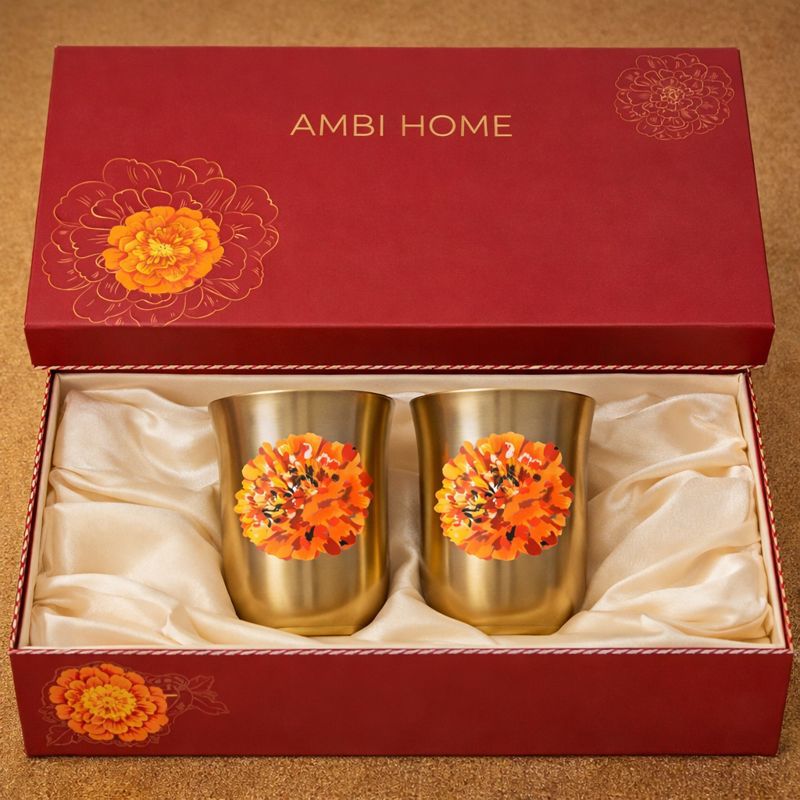 AMBI Gift Box Pure 100% Lead Free Kansa Marigold Hand Painted Finish Water Glass - 275 ML