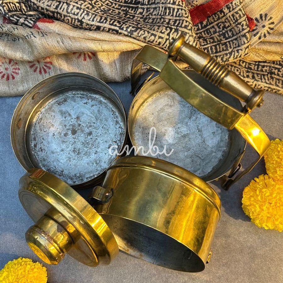 Elegant Handcrafted Vintage Brass Three Tier Tiffin Set
