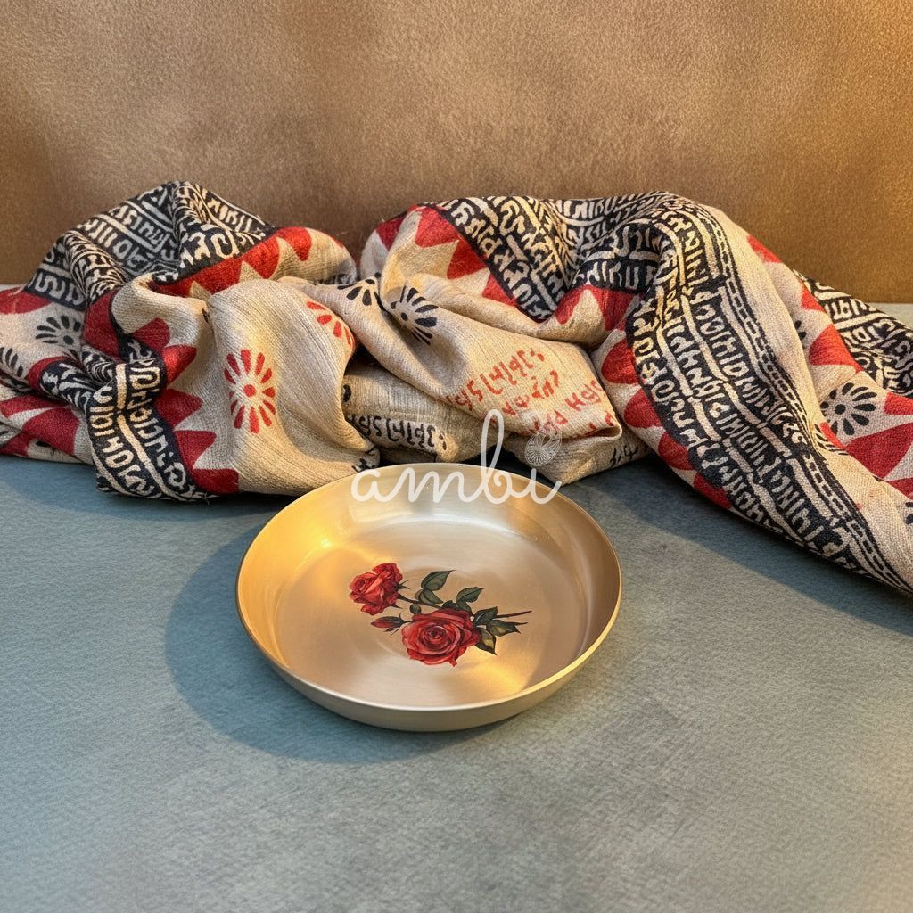 AMBI Lead Free 100% Pure Kansa Small Rose Floral Hand Painted Finish Plate / Dessert Plate - 6 Inch