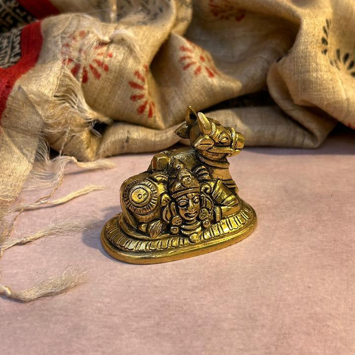Ambi Pure Brass Nandi Idol with Shiva & Parvati Engraving - Medium Size - 2.5 Inch Height