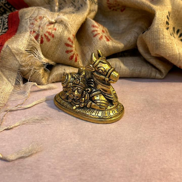 Ambi Pure Brass Nandi Idol with Shiva & Parvati Engraving - Medium Size - 2.5 Inch Height