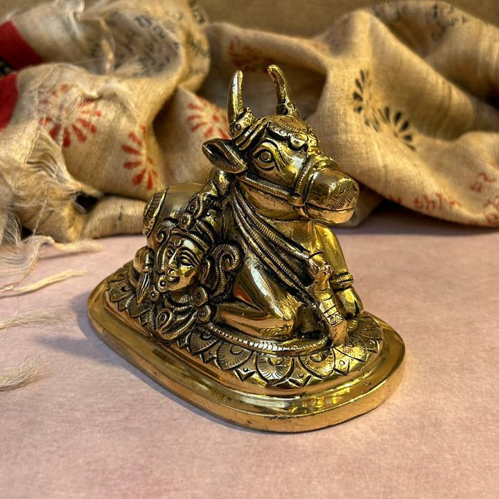 Ambi Pure Brass Nandi Idol with Shiva & Parvati Engraving - Big Size - 4.5 Inch Height