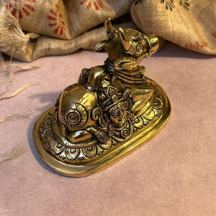 Ambi Pure Brass Nandi Idol with Shiva & Parvati Engraving - Big Size - 4.5 Inch Height