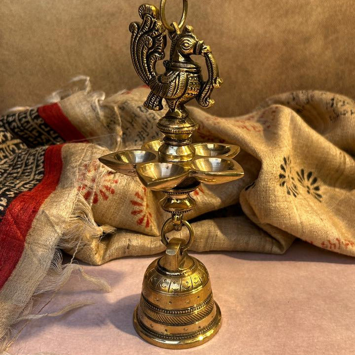 Ambi Pure Brass Hanging Peacock Deepam with 5 Diyas, Chain, Hoop & Bell
