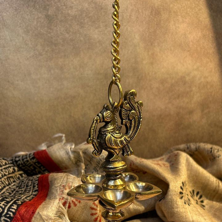 Ambi Pure Brass Hanging Peacock Deepam with 5 Diyas, Chain, Hoop & Bell