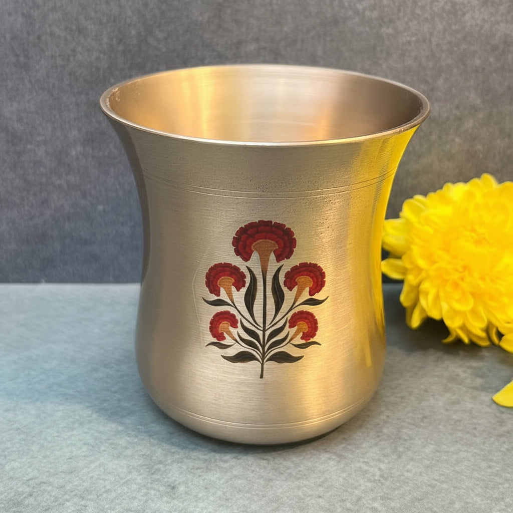 AMBI Pure 100% Lead Free Kansa (Bronze) Floral Hand Painted Finish Water Glass - 275 ml