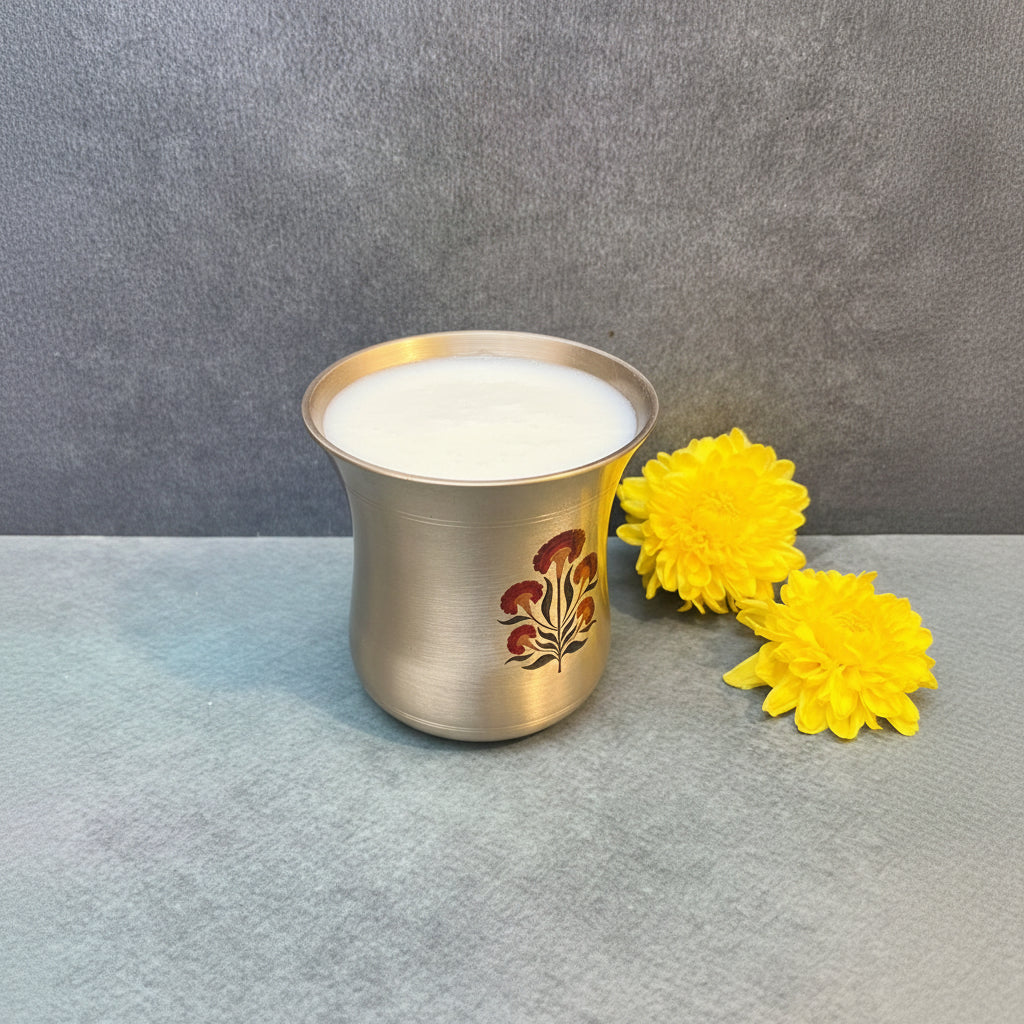 AMBI Pure 100% Lead Free Kansa (Bronze) Floral Hand Painted Finish Water Glass - 275 ml