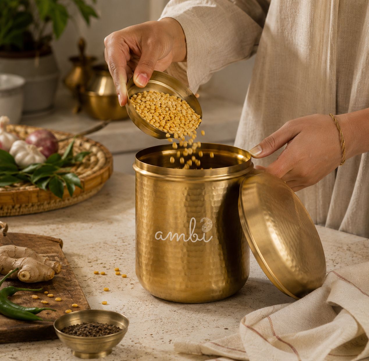 Ambi Home Pure Brass Hammered Dabba 2.2 ltrs | Kitchen Storage Box for Atta, Dal, Spices – Capacity 2180 ML