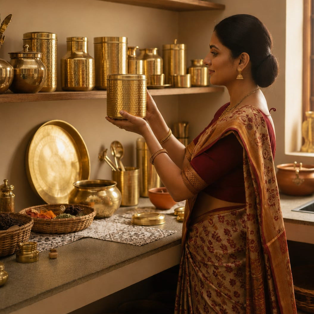 Ambi Home Pure Brass Hammered Dabba | Kitchen Storage Box for Atta, Dal, Spices – Capacity 3555 ML