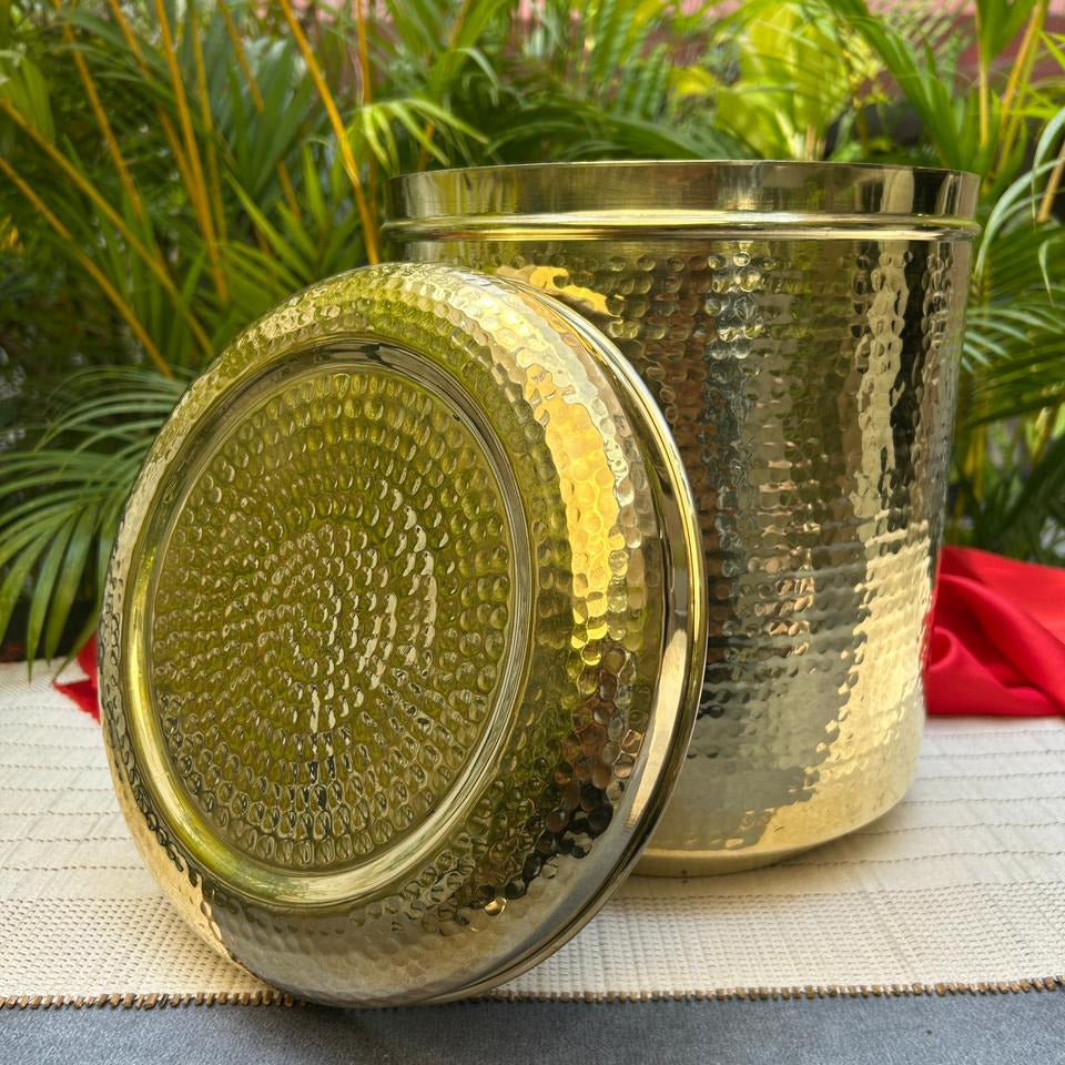 Ambi Home Pure Brass Hammered Dabba 2.2 ltrs | Kitchen Storage Box for Atta, Dal, Spices – Capacity 2180 ML