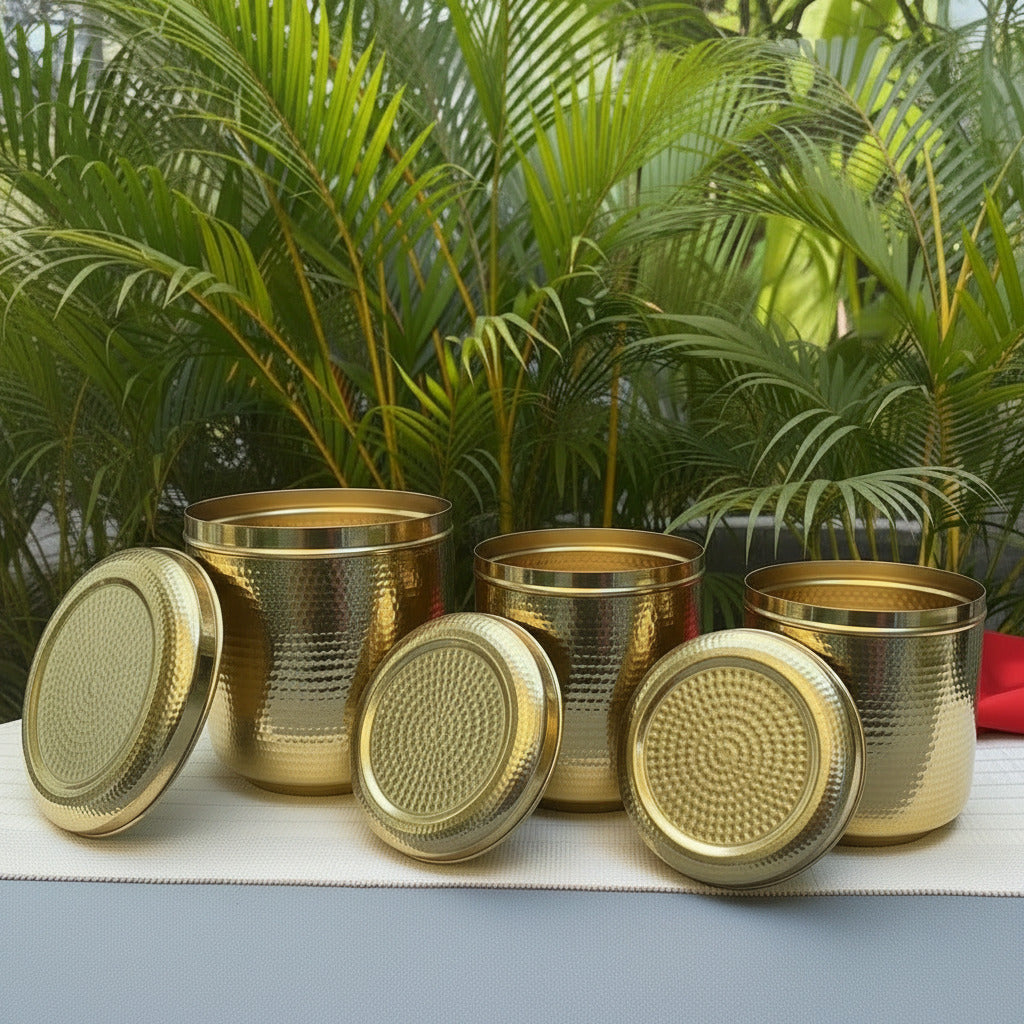 Ambi Home Pure Brass Hammered Dabba | Kitchen Storage Box for Atta, Dal, Spices – Capacity 3555 ML
