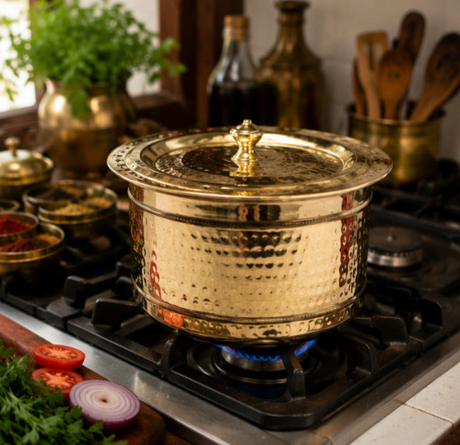 Ambi Home Pure Brass Small Hammered Pateela with Lid | 1L Traditional Indian Cooking Pot