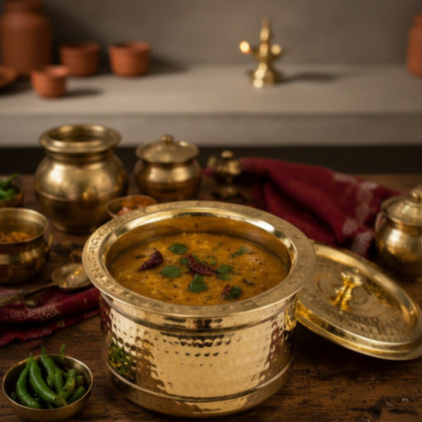 Ambi Home Pure Brass Medium Hammered Milk Boiling Pateela with Lid | 1.5L Traditional Indian Cooking Pot